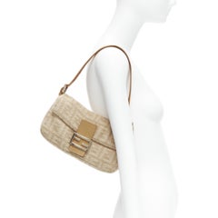 FENDI Baguette beige FF Zucca monogram wool leather top handle underarm bag