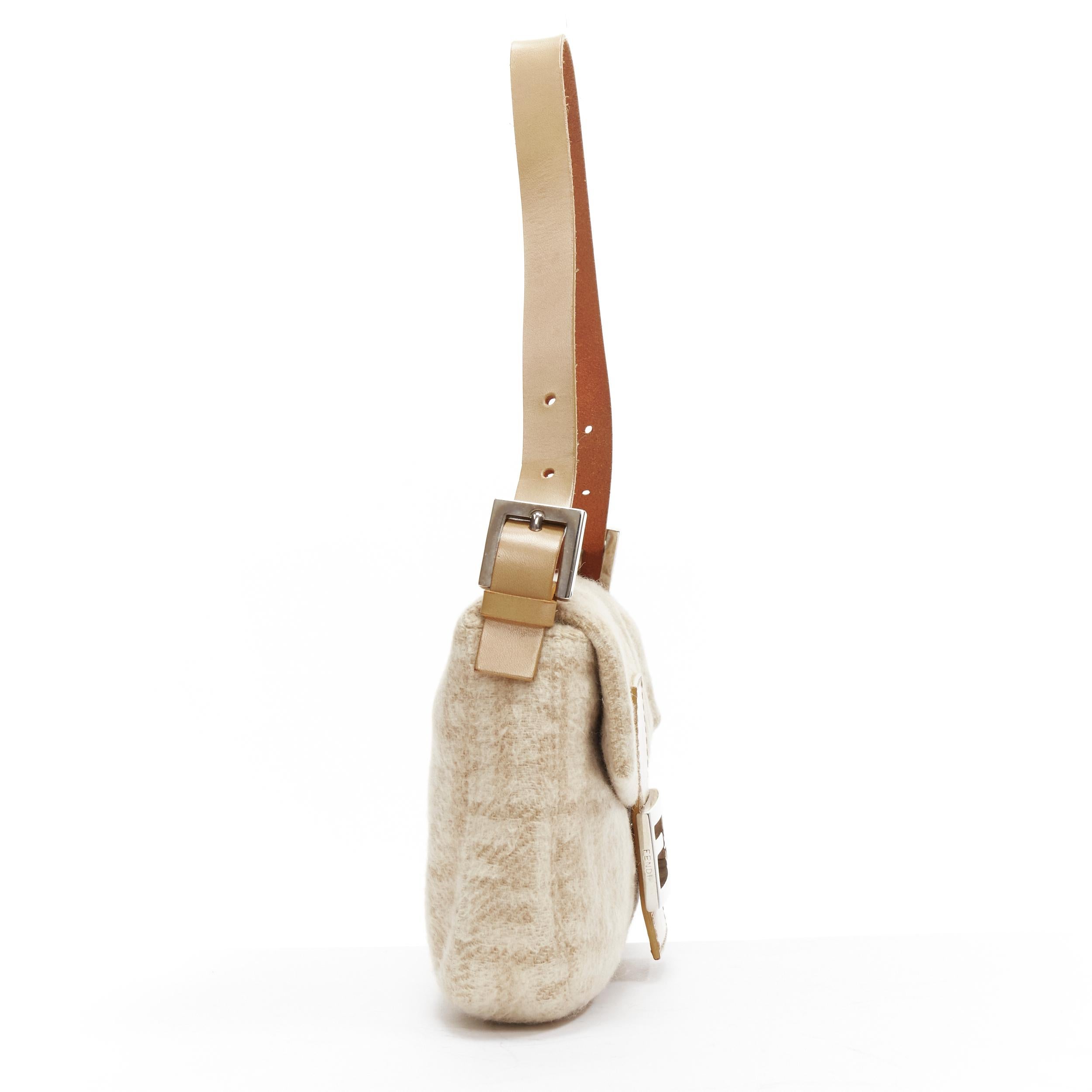 FENDI Baguette beige FF Zucca monogram wool leather top handle underarm bag In Good Condition In Hong Kong, NT