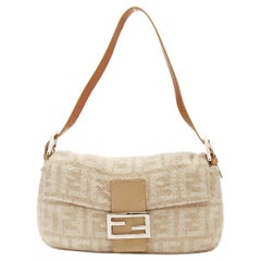 FENDI Baguette beige FF Zucca monogram wool leather top handle underarm bag