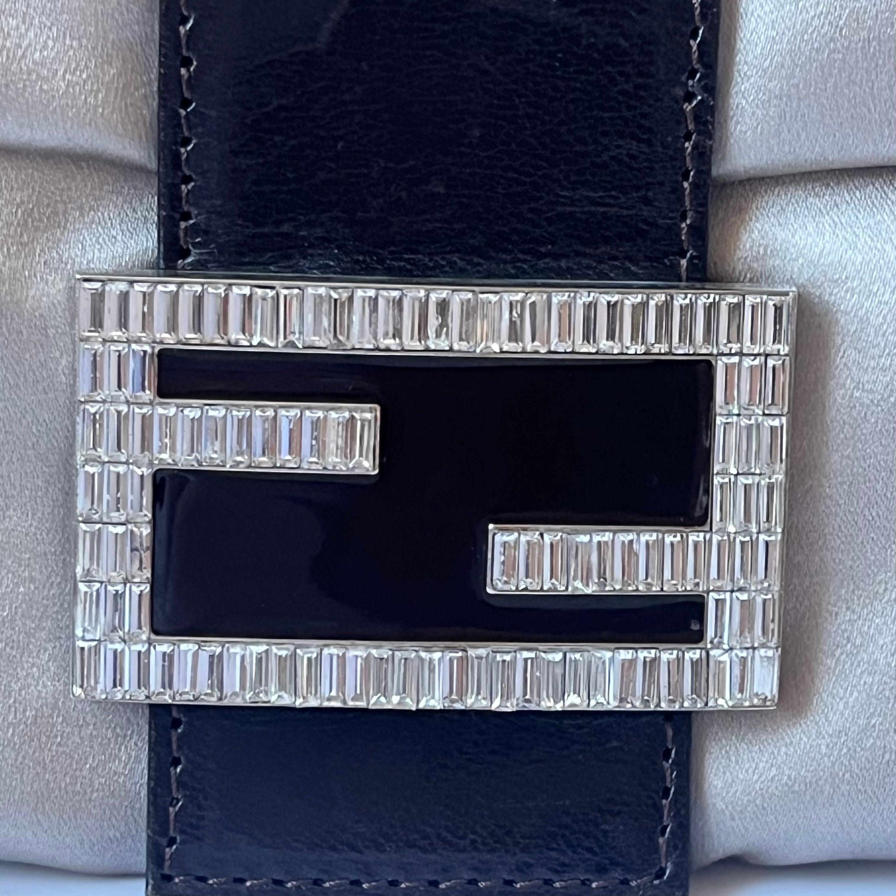 FENDI Baguette Beige Grey Silk Satin with Crystal Buckle Shoulder Bag 4