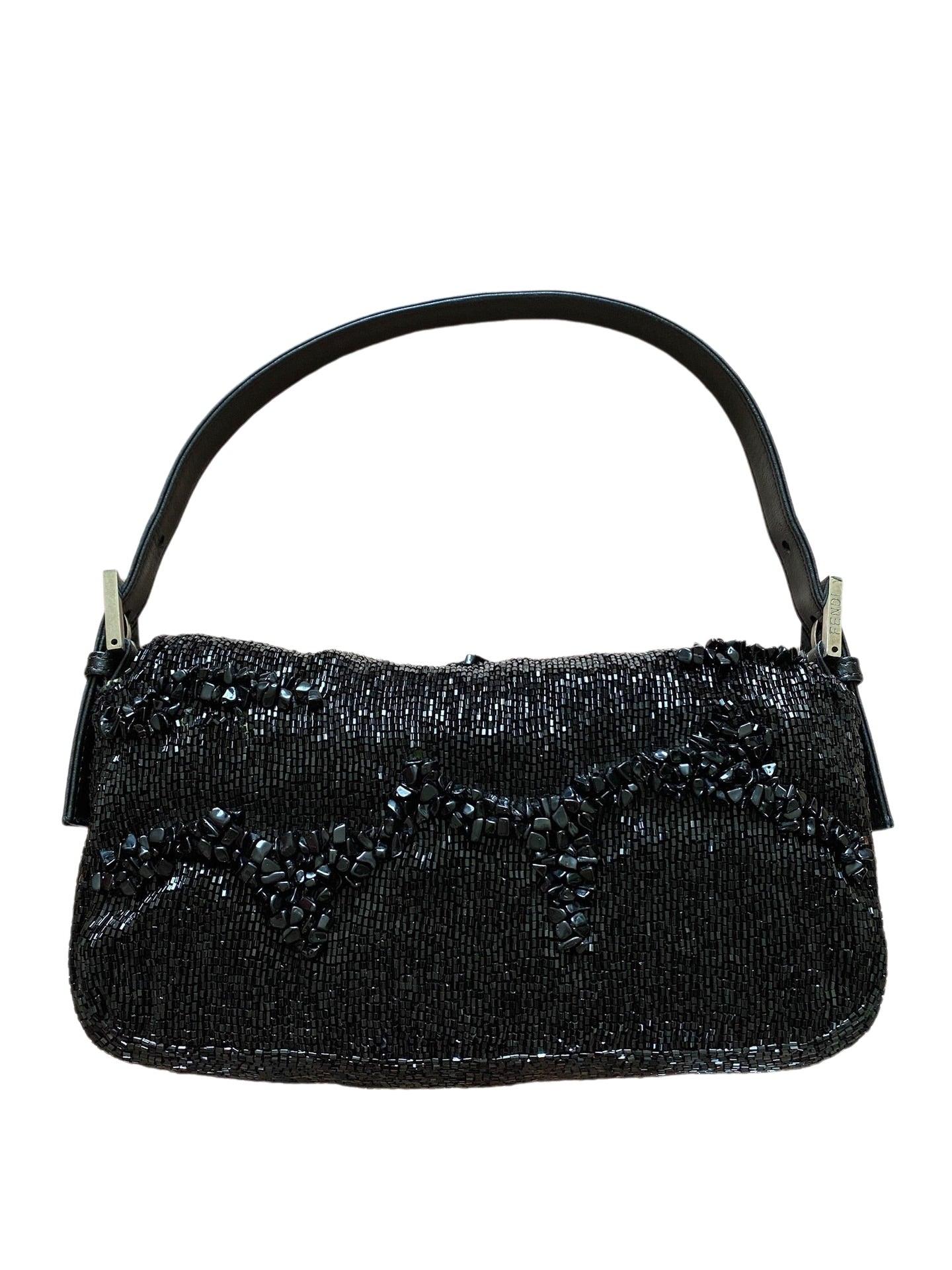 Fendi Baguette Black Beaded Shoulder Bag with Stones in Wave Pattern 1