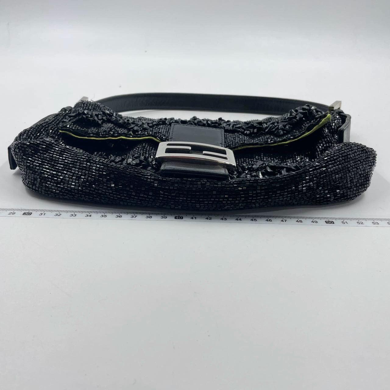 Fendi Baguette Black Beaded Shoulder Bag with Stones in Wave Pattern 3