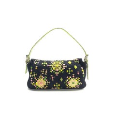 Fendi Baguette Black Cloth Multicolor Embroidery Green Leather Strap