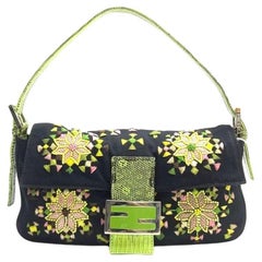 Fendi Baguette Black Cloth Multicolor Embroidery Green Leather Strap