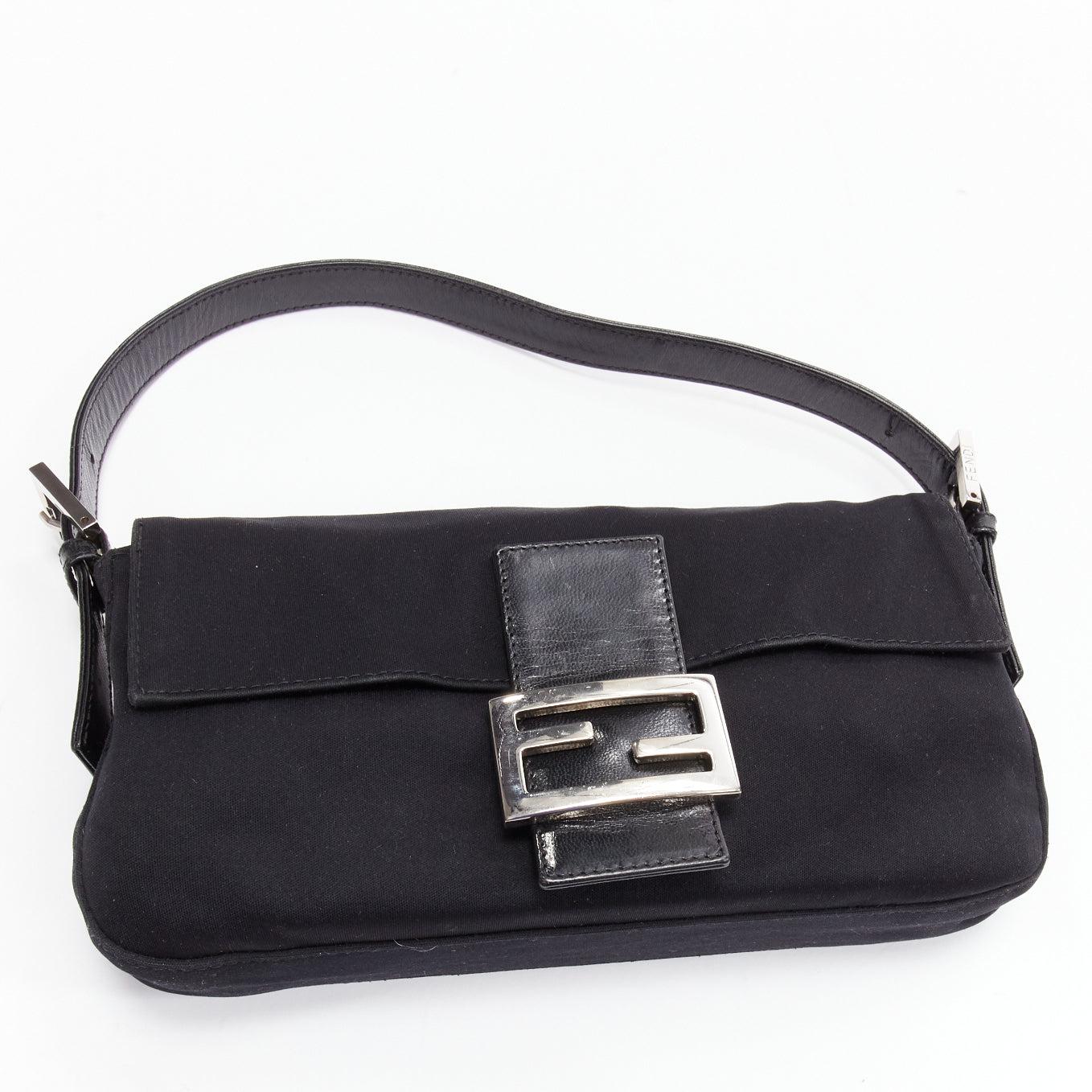 FENDI Baguette black fabric leather strap metal buckle underarm bag 4