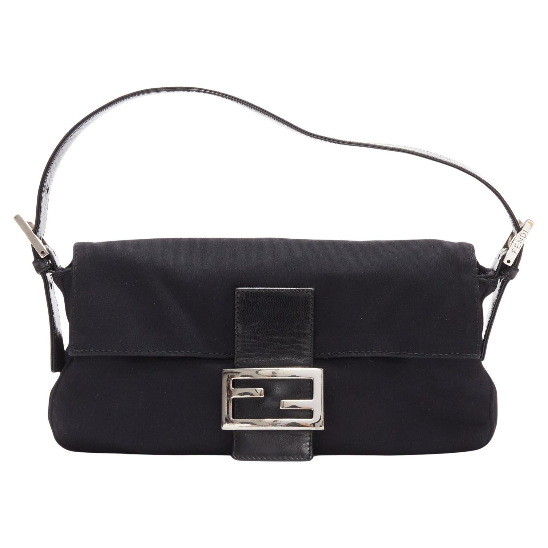 FENDI Baguette black fabric leather strap metal buckle underarm bag