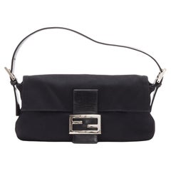 FENDI Baguette black fabric leather strap metal buckle underarm bag
