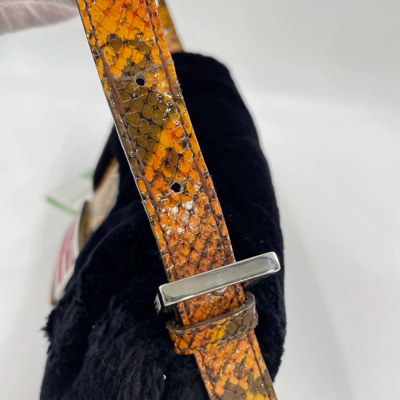Fendi Baguette Black Faux Fur Red Enamel Buckle Shoulder Bag For Sale 11