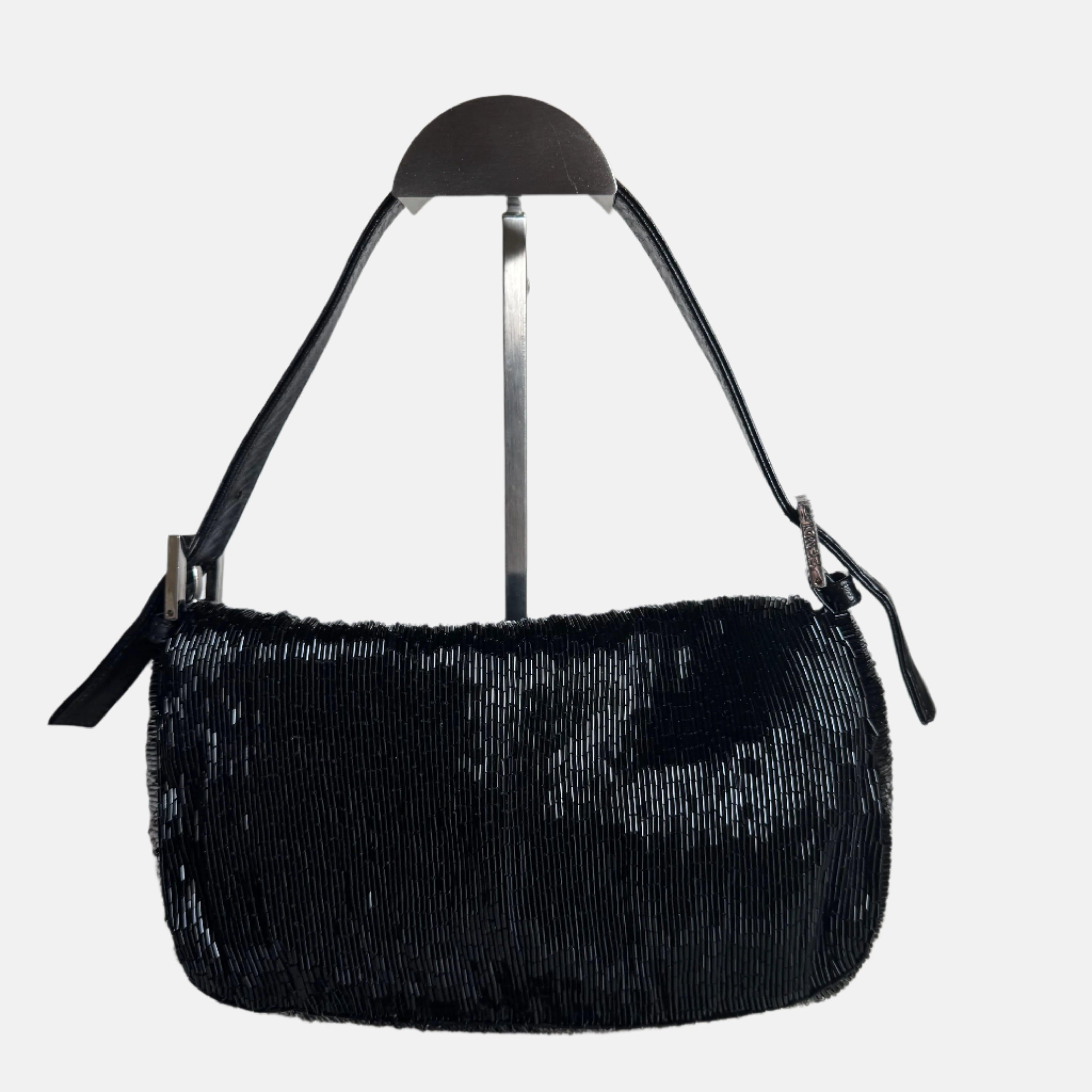 Fendi Baguette Black Glittering Waterfall Beads Shoulder Bag
 These are professional photos of the actual bag.
 Discover another classic vintage Fendi baguette with waterfall beads in cream white color. These beads are slightly longer than the usual