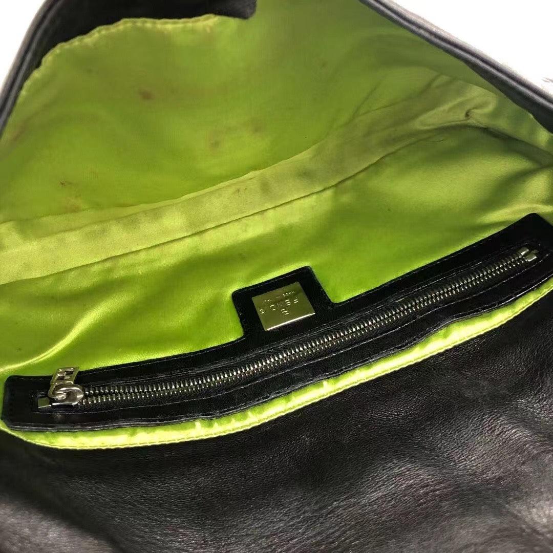Fendi Baguette Black Lambskin Leather Shoulder Bag Green Enamel Buckle 1