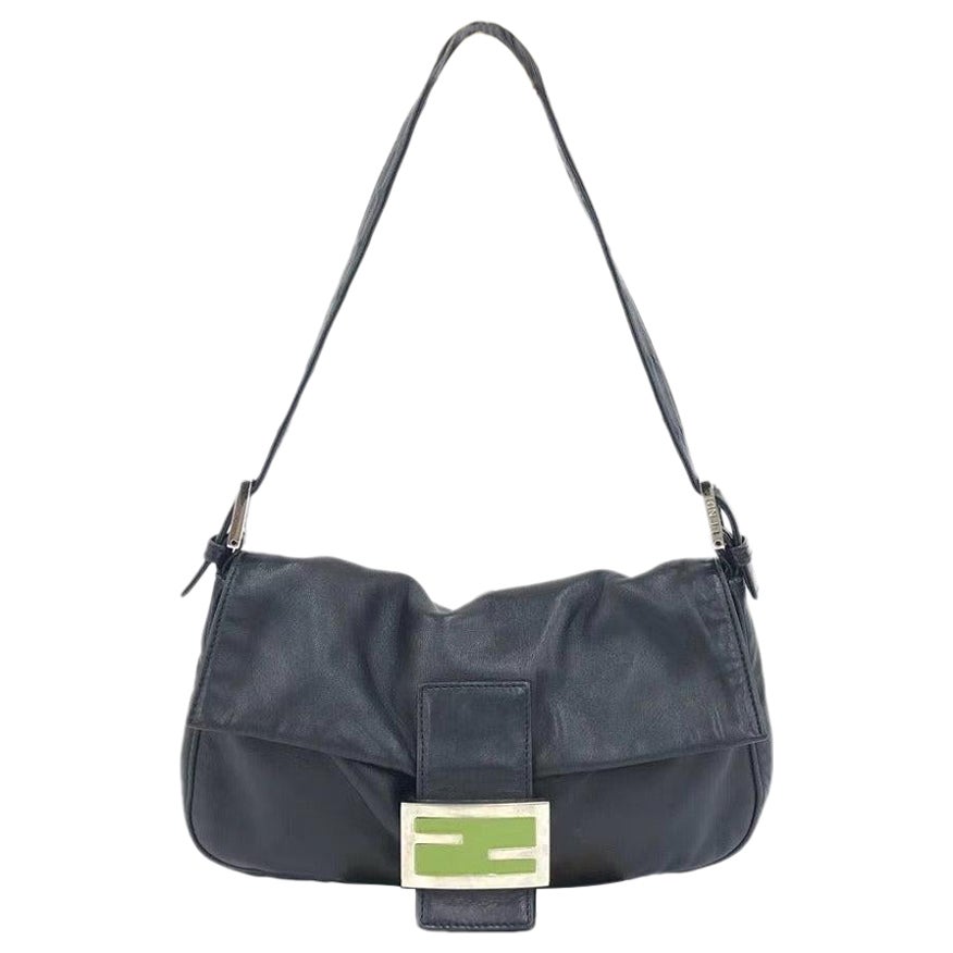 Fendi Baguette Black Lambskin Leather Shoulder Bag Green Enamel Buckle