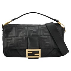 Fendi Baguette Black Leather 3D FF Motif Crossbody Bag Large