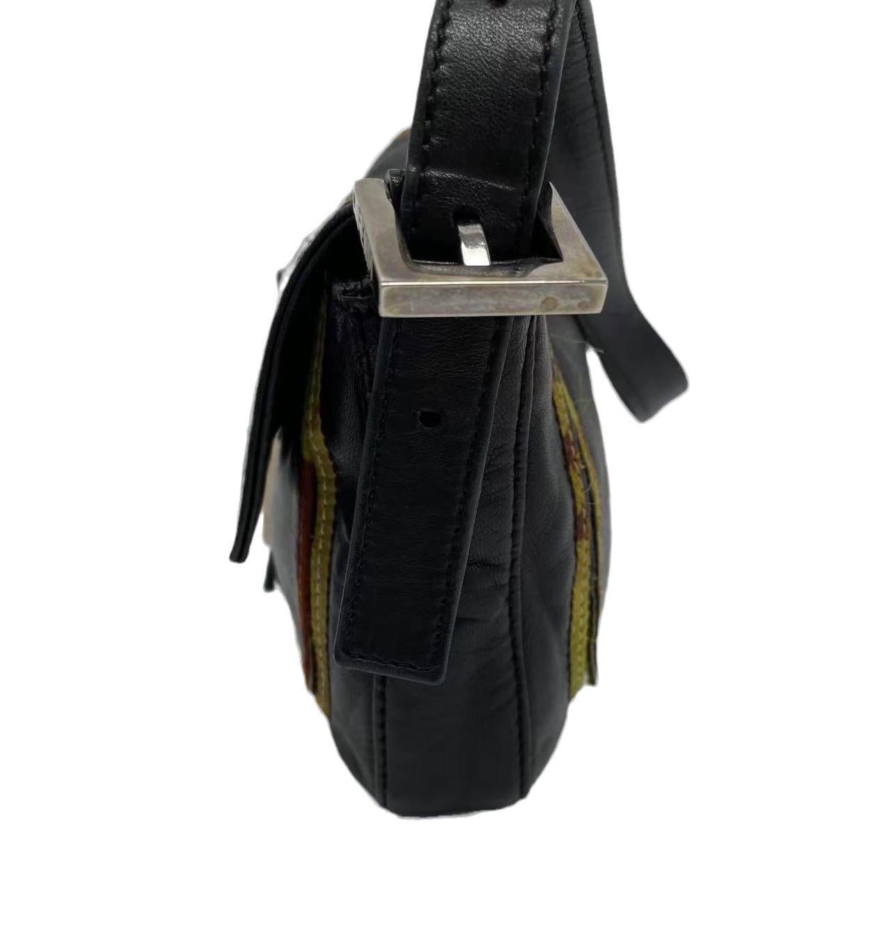Fendi Baguette Black Leather with Multicolor Seams
 These are professional photos of the actual bag offered by Luxbags.
 This Fendi Baguette is crafted from soft black nappa lambskin leather and features multicolor rainbow seams, creating a