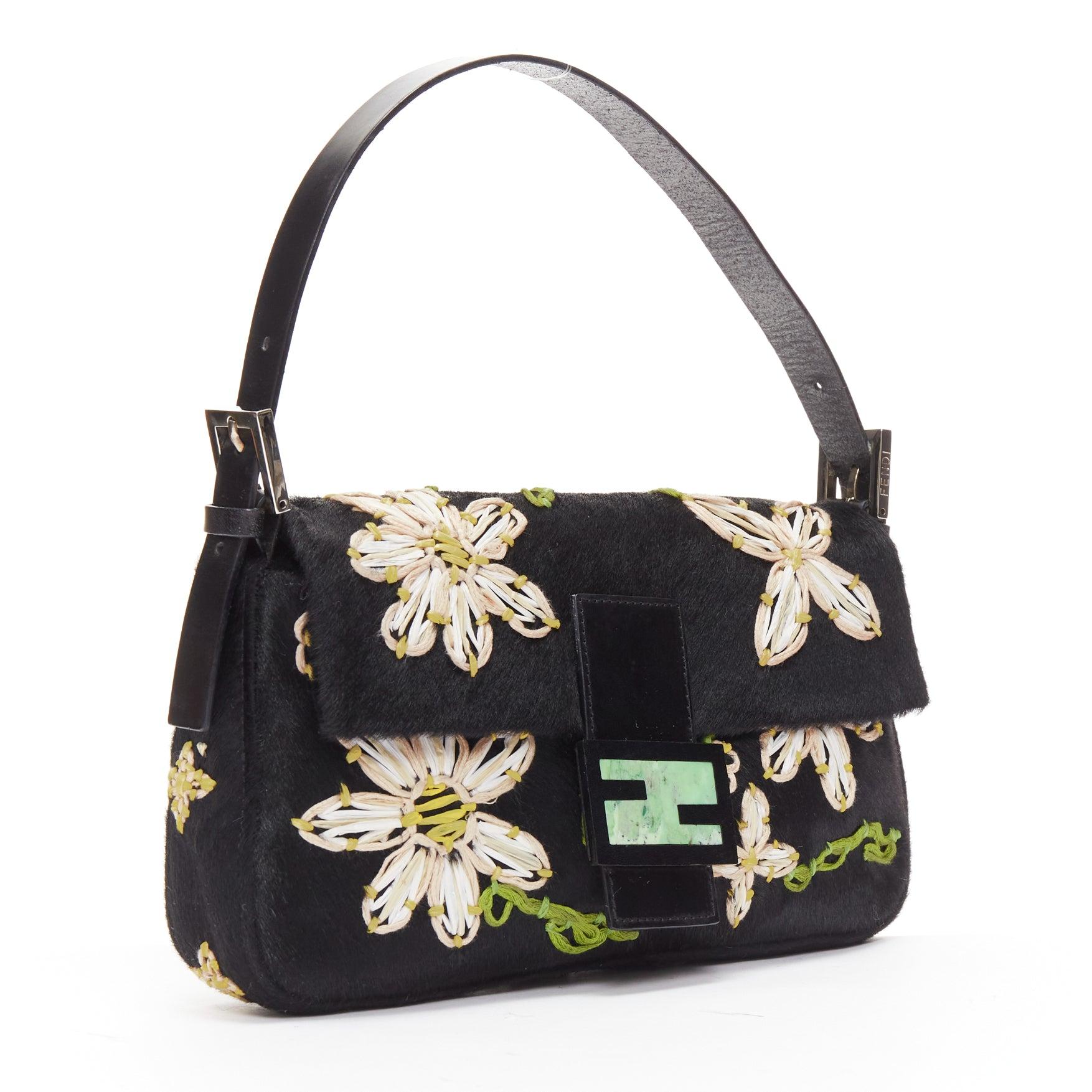 FENDI Baguette black pony hair FF logo buckle white embellished underarm bag In Good Condition For Sale In Hong Kong, NT