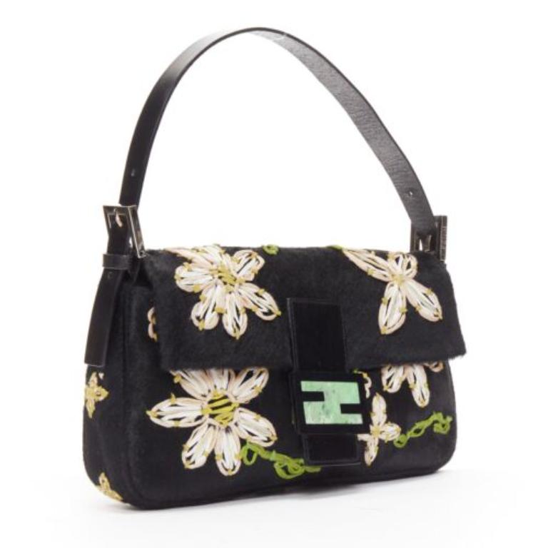 Black FENDI Baguette black pony hair FF logo buckle white embellished underarm bag