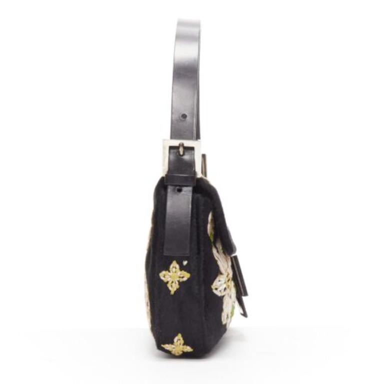 FENDI Baguette black pony hair FF logo buckle white embellished underarm bag In Good Condition In Hong Kong, NT
