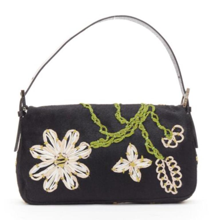 Women's FENDI Baguette black pony hair FF logo buckle white embellished underarm bag
