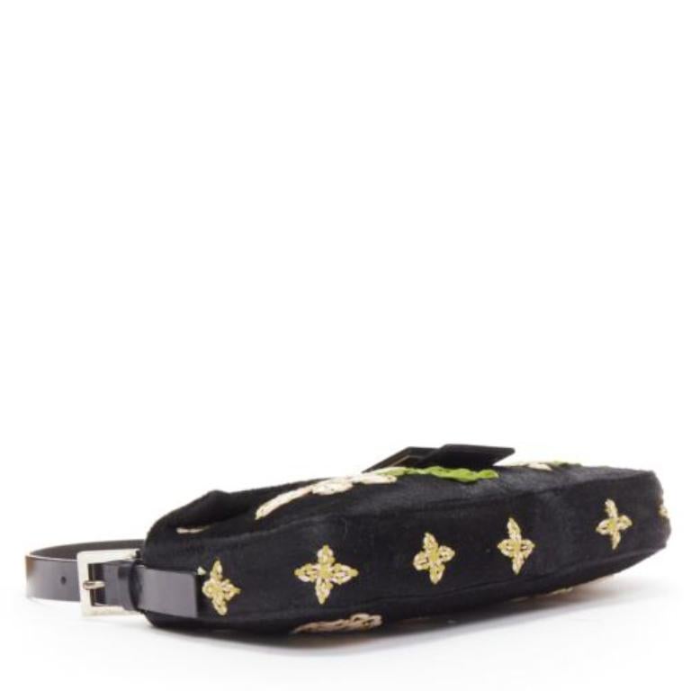 FENDI Baguette black pony hair FF logo buckle white embellished underarm bag 1
