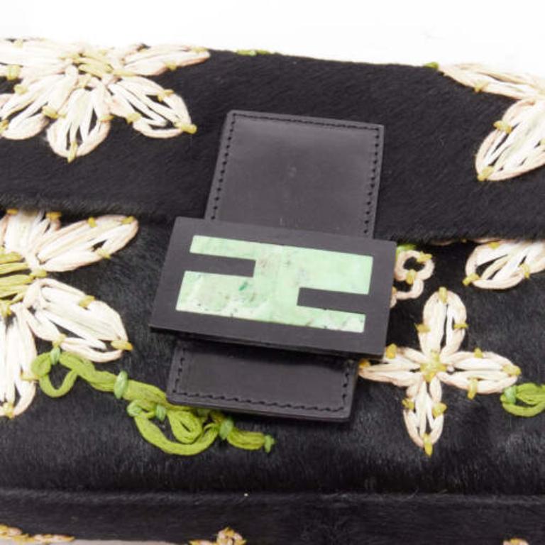 FENDI Baguette black pony hair FF logo buckle white embellished underarm bag 2