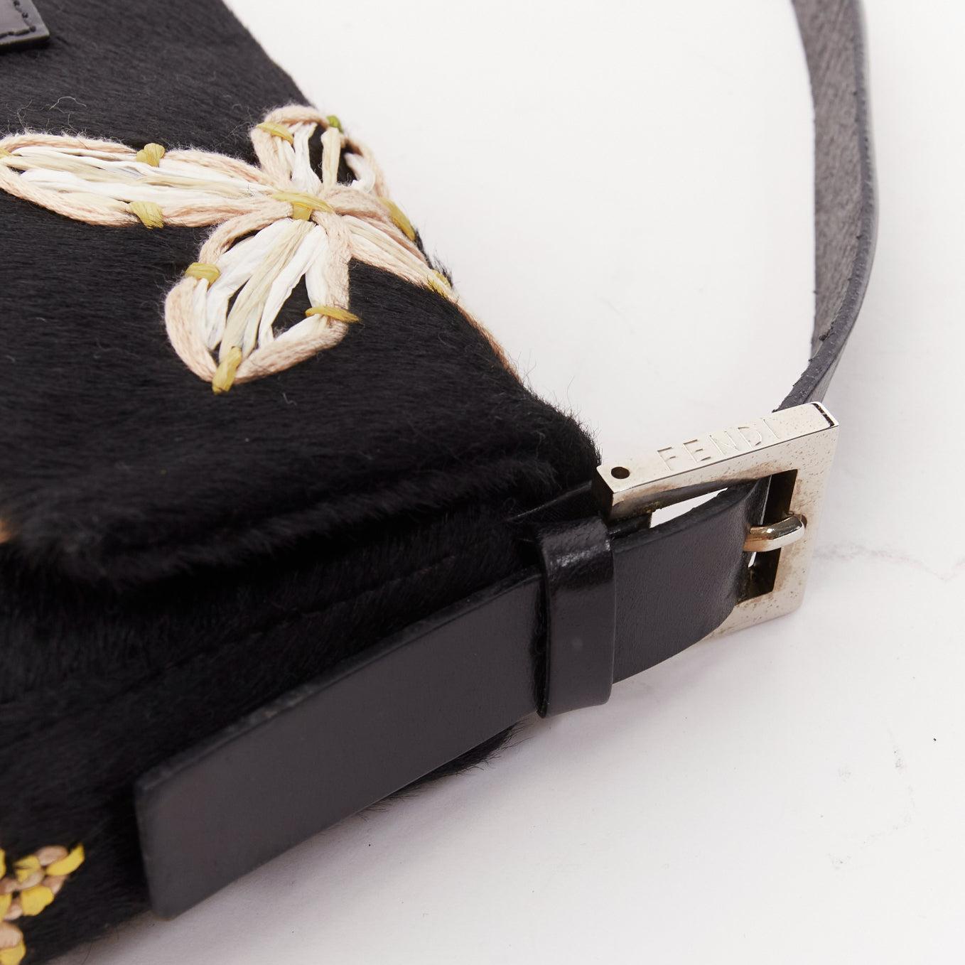FENDI Baguette black pony hair FF logo buckle white embellished underarm bag For Sale 4