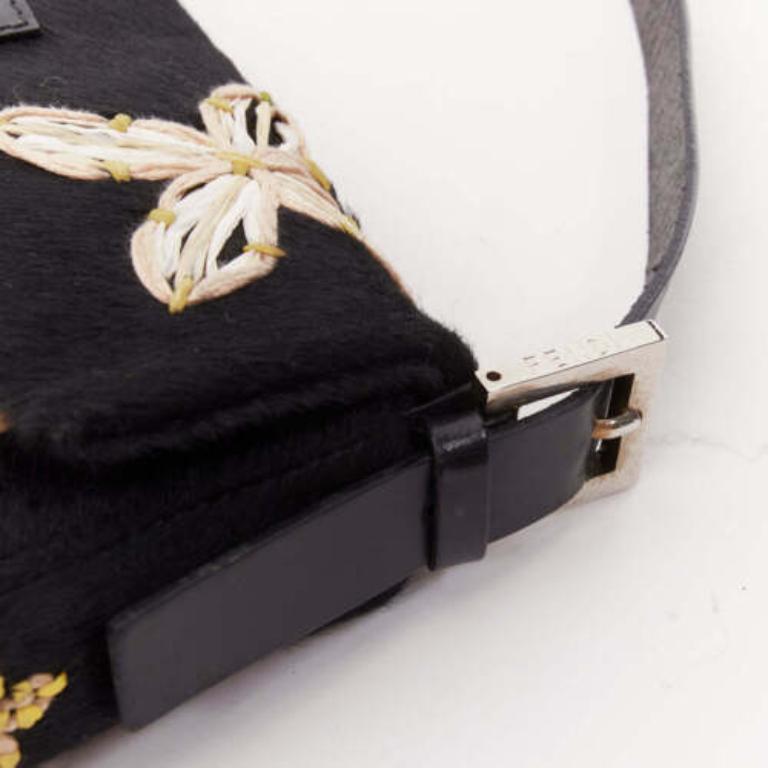 FENDI Baguette black pony hair FF logo buckle white embellished underarm bag 3