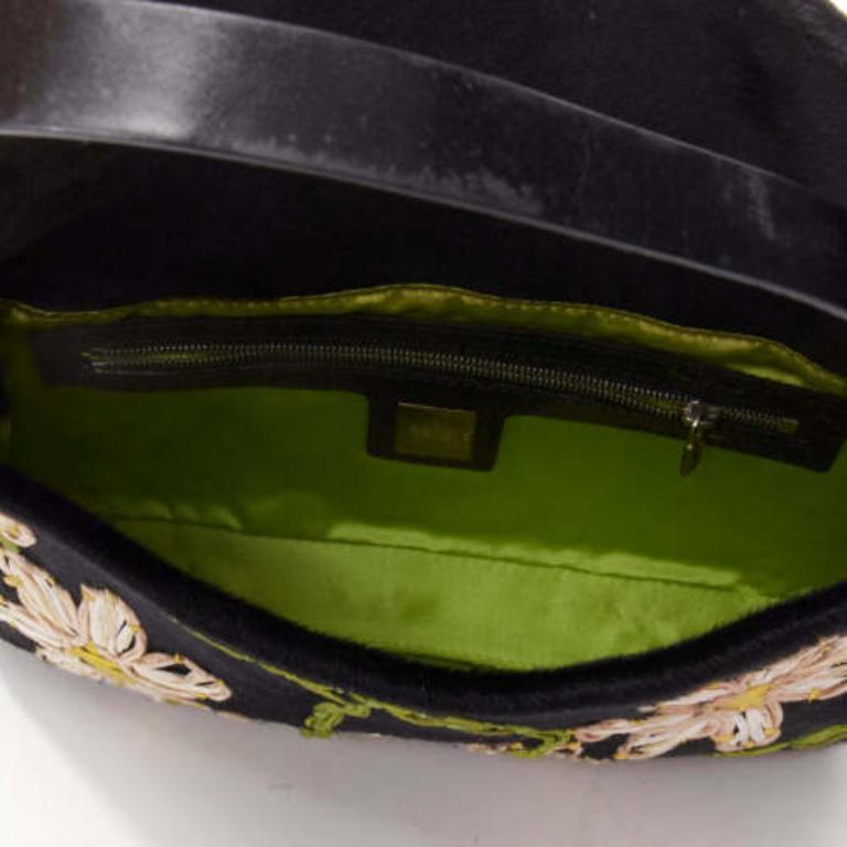 FENDI Baguette black pony hair FF logo buckle white embellished underarm bag 4