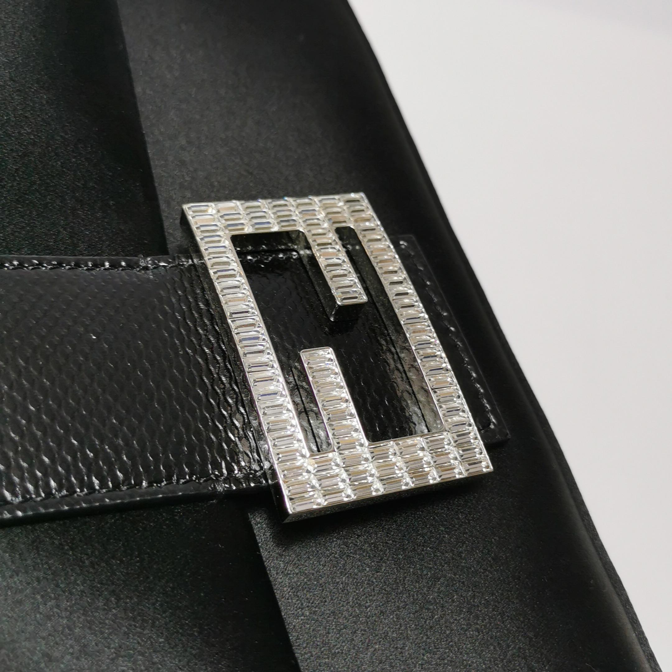 Fendi Baguette Black Silk Crystal Buckle Crossbody Bag For Sale 11