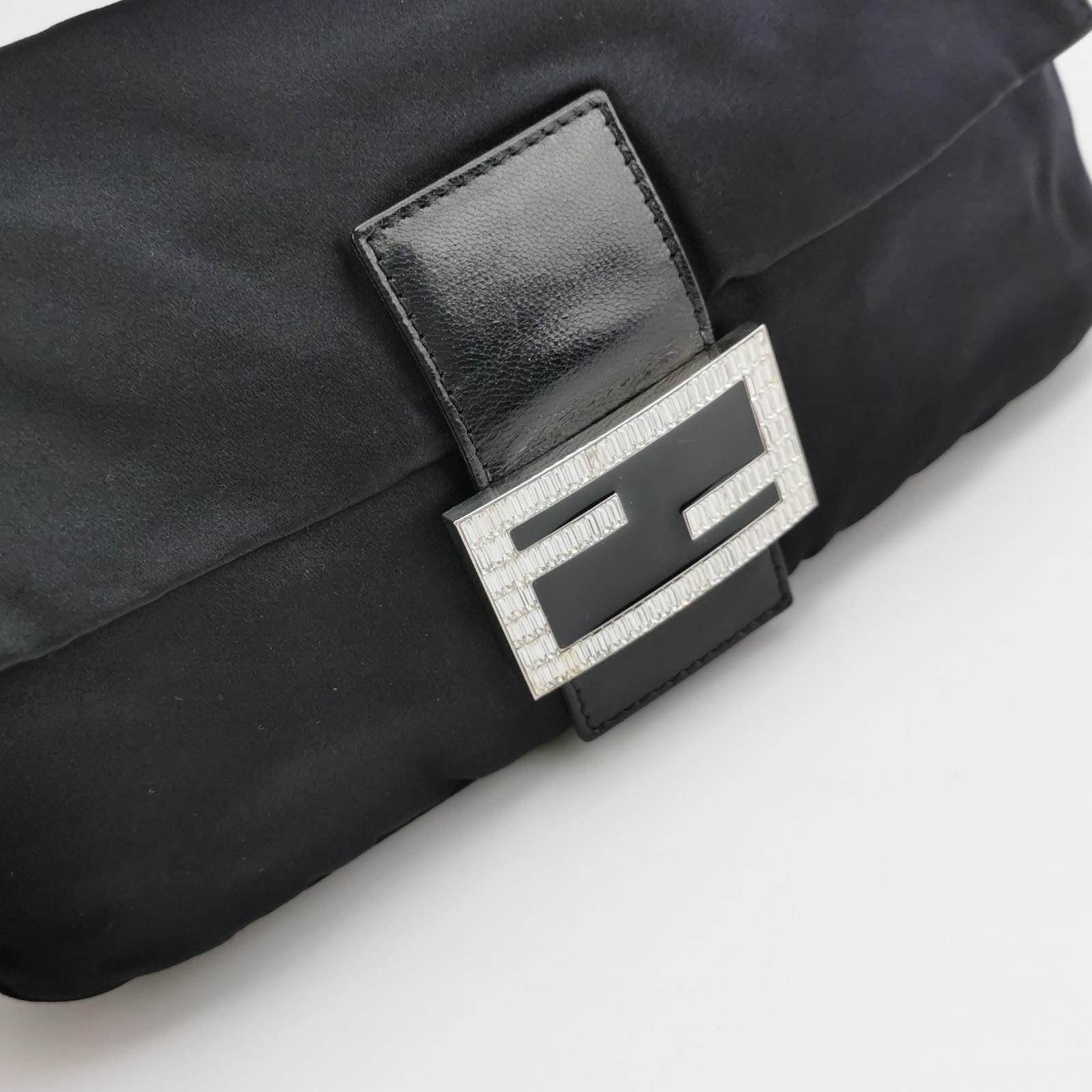 FENDI Baguette Black Silk Satin with Crystal Buckle Shoulder Bag 4