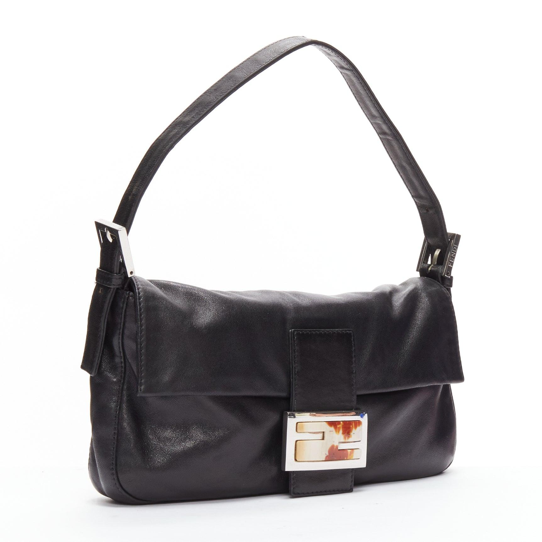 Black FENDI Baguette black soft nappa leather enamel FF buckle underarm bag