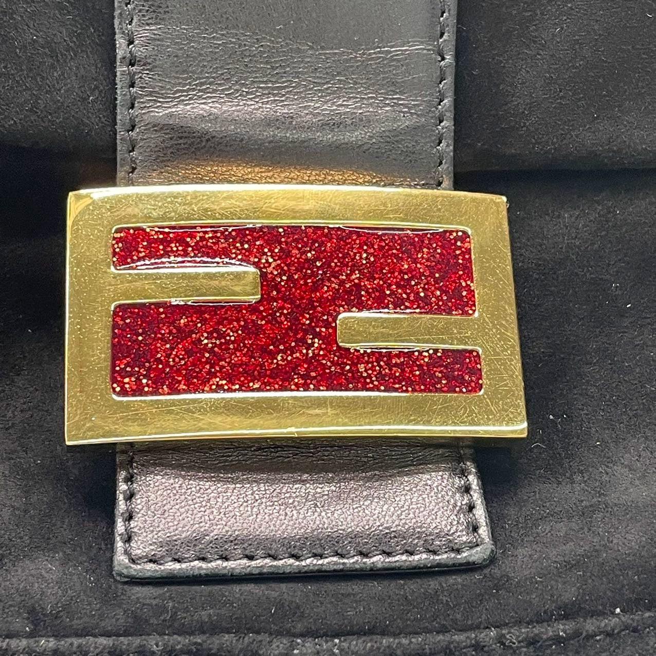 Fendi Baguette Black Suede Leather Red Buckle Shoulder Bag For Sale 11