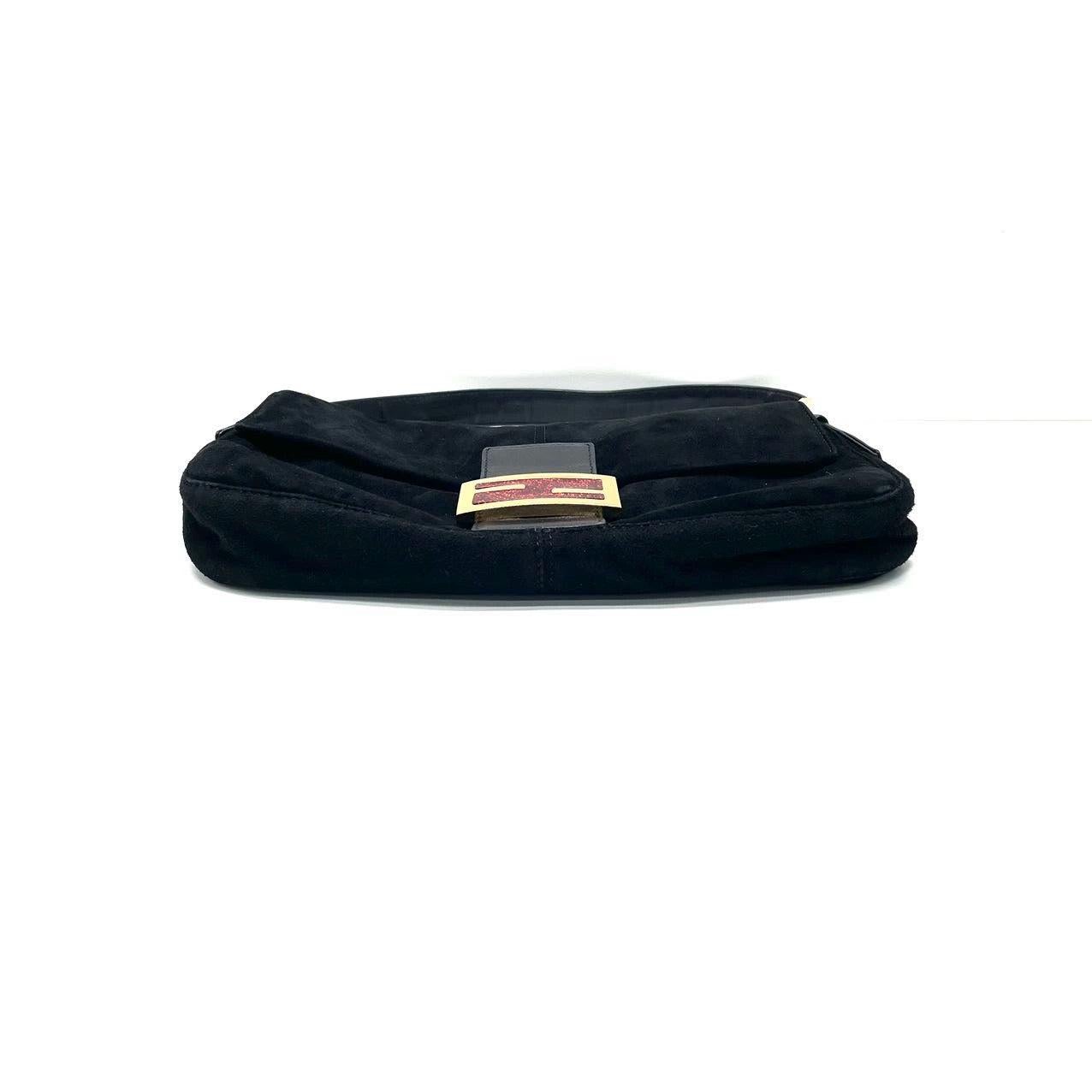 Women's Fendi Baguette Black Suede Leather Red Buckle Shoulder Bag For Sale
