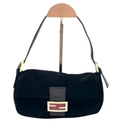 Fendi Baguette Black Suede Leather Red Buckle Shoulder Bag