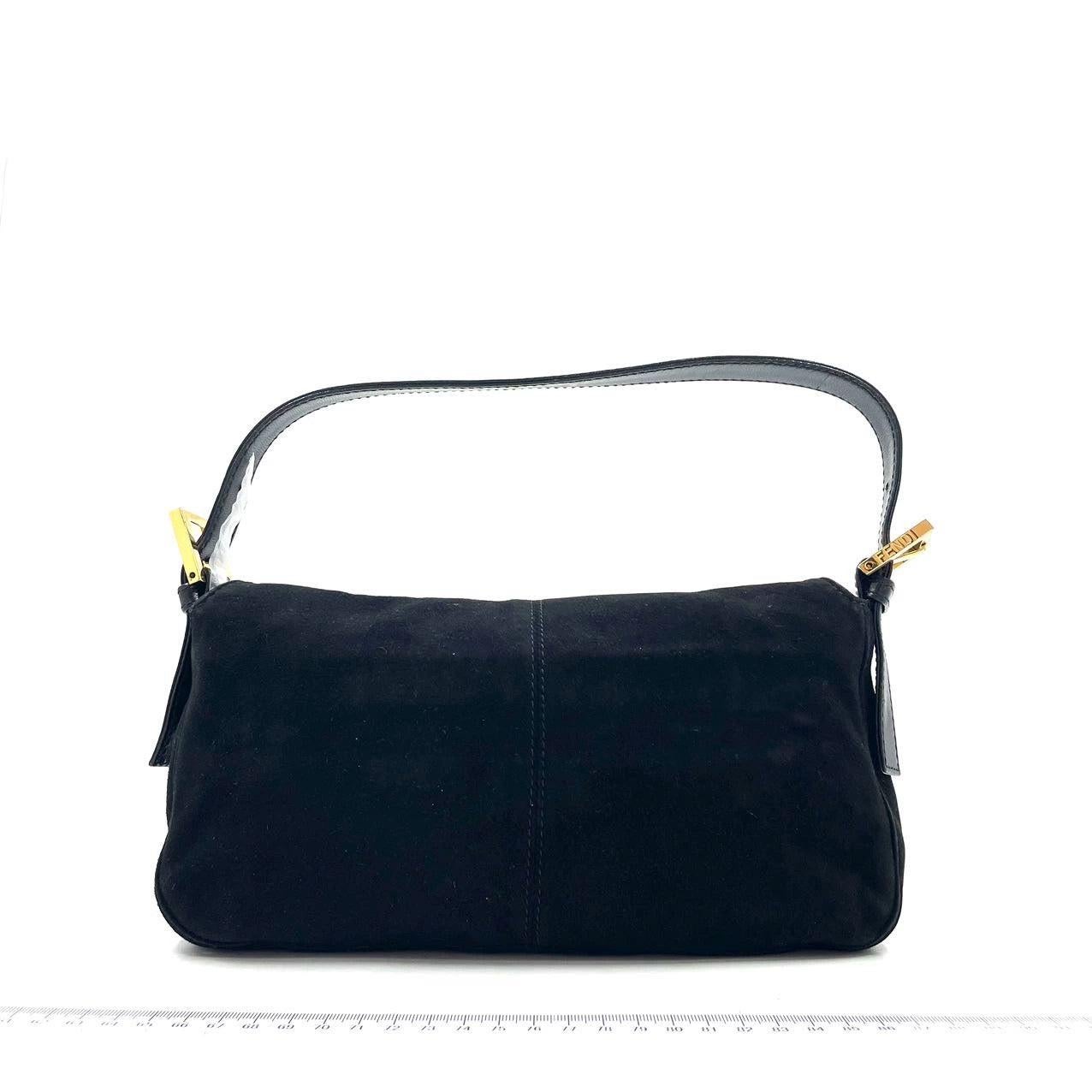 Fendi Baguette Black Suede Leather Shoulder Bag
 These are professional photos of the actual bag offered by Luxbags.
 EXCELLENT: VERY GOOD
 Rubbing along the corners, edges and strap. 
 DETAILS
 
 
 Model: Fendi Baguette
 
 
 Size: Medium
 
 
