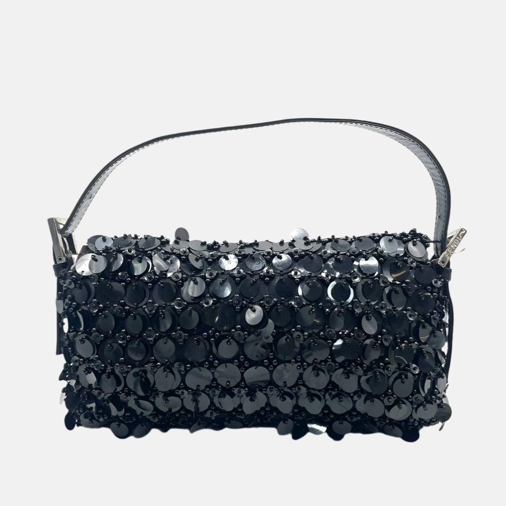 Fendi Baguette Black Swan Feather-like Sequins Beaded Shoulder Bag
 These are professional photos of the actual bag.
 Discover another classic vintage Fendi baguette with rare feather-like sequins decorated like black swan. 
 CONDITOIN: VERY GOOD
