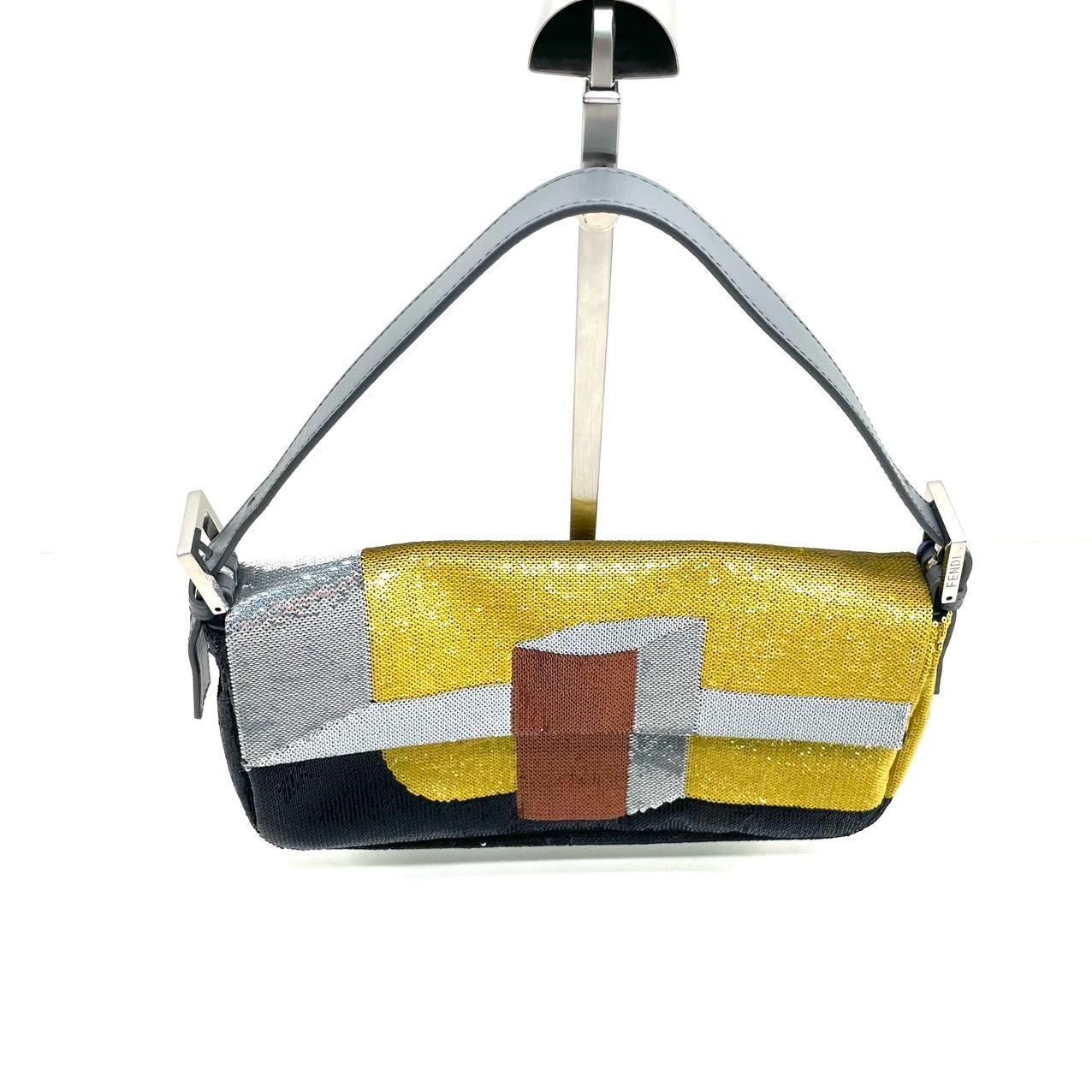 Marrone Fendi Borsa a tracolla Baguette Blocks Abstract Pattern Glitter Sequin in vendita