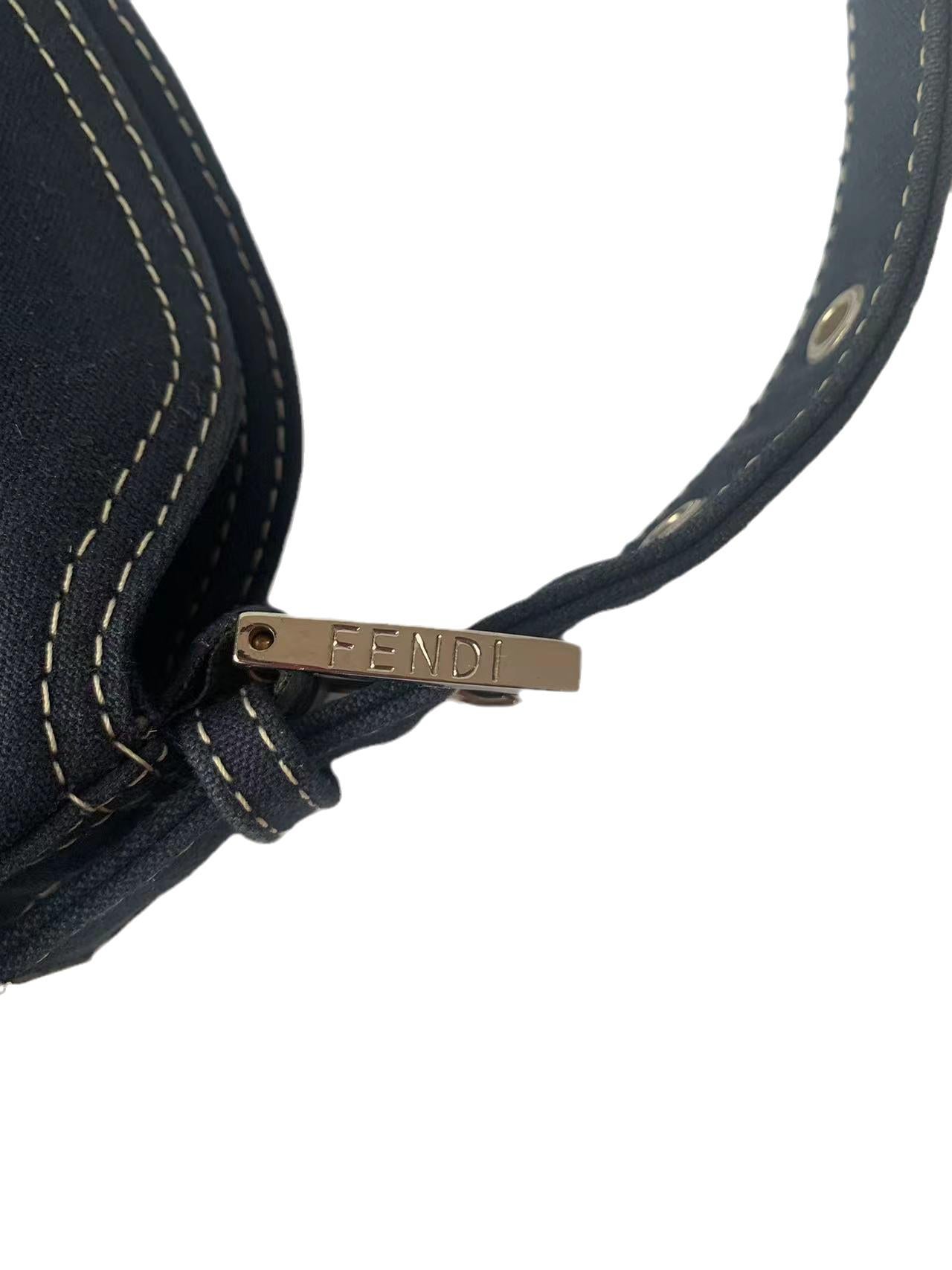 FENDI Baguette Blue Denim Navy Shoulder Bag with Enamel Buckle For Sale 6