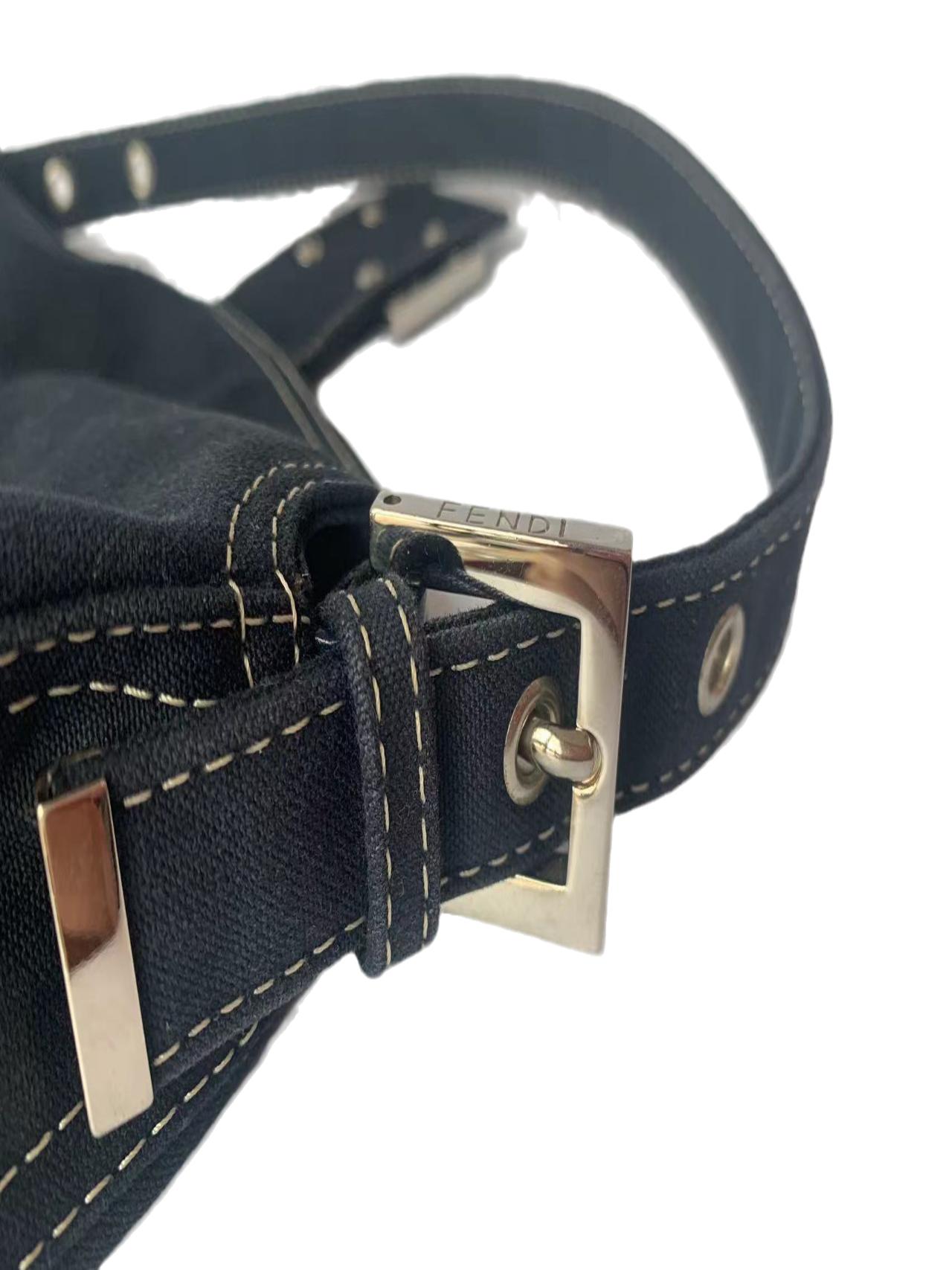 FENDI Baguette Blue Denim Navy Shoulder Bag with Enamel Buckle For Sale 7