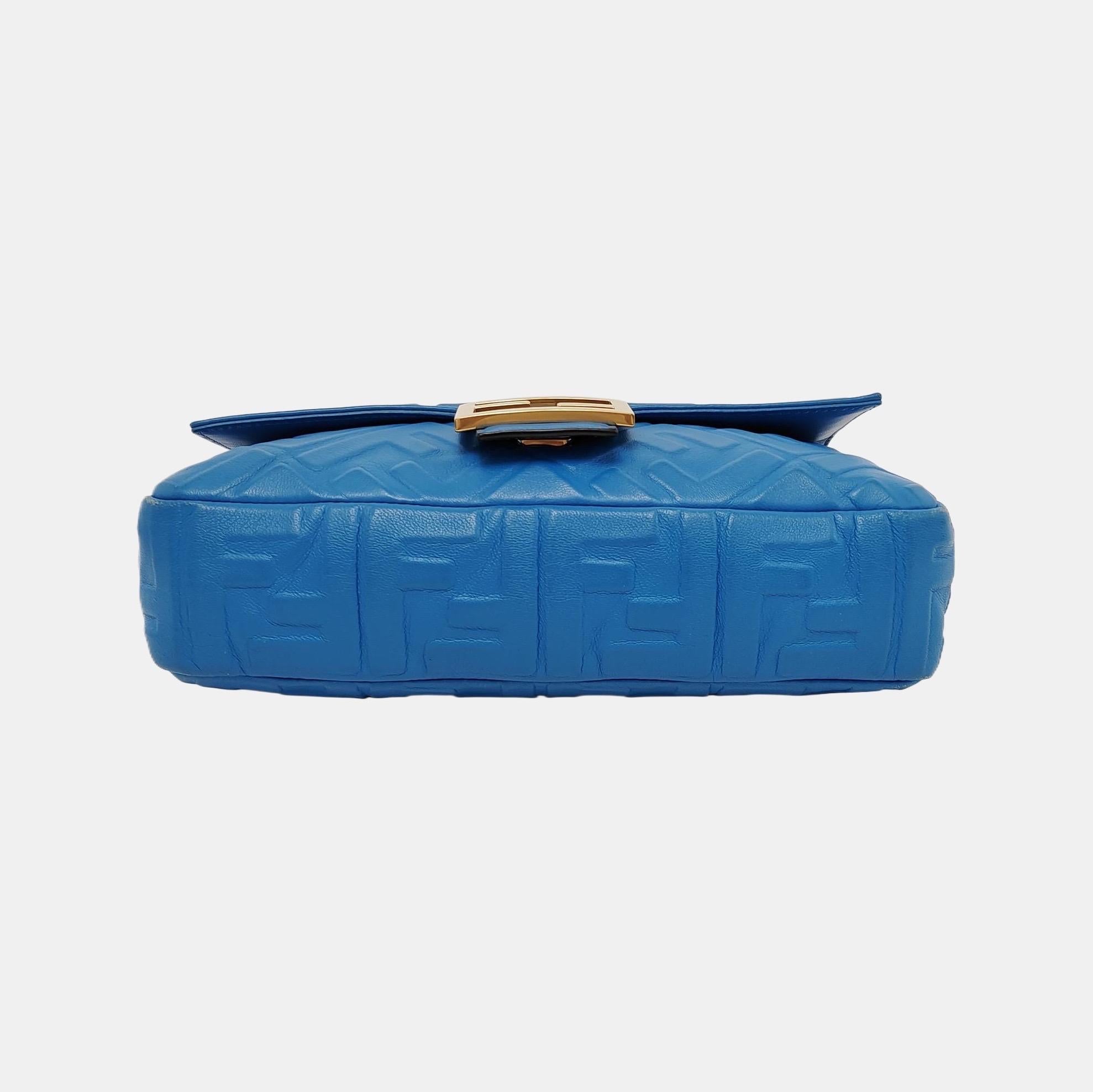 Women's Fendi Baguette Blue Lambskin Leather Crossbody Bag Medium