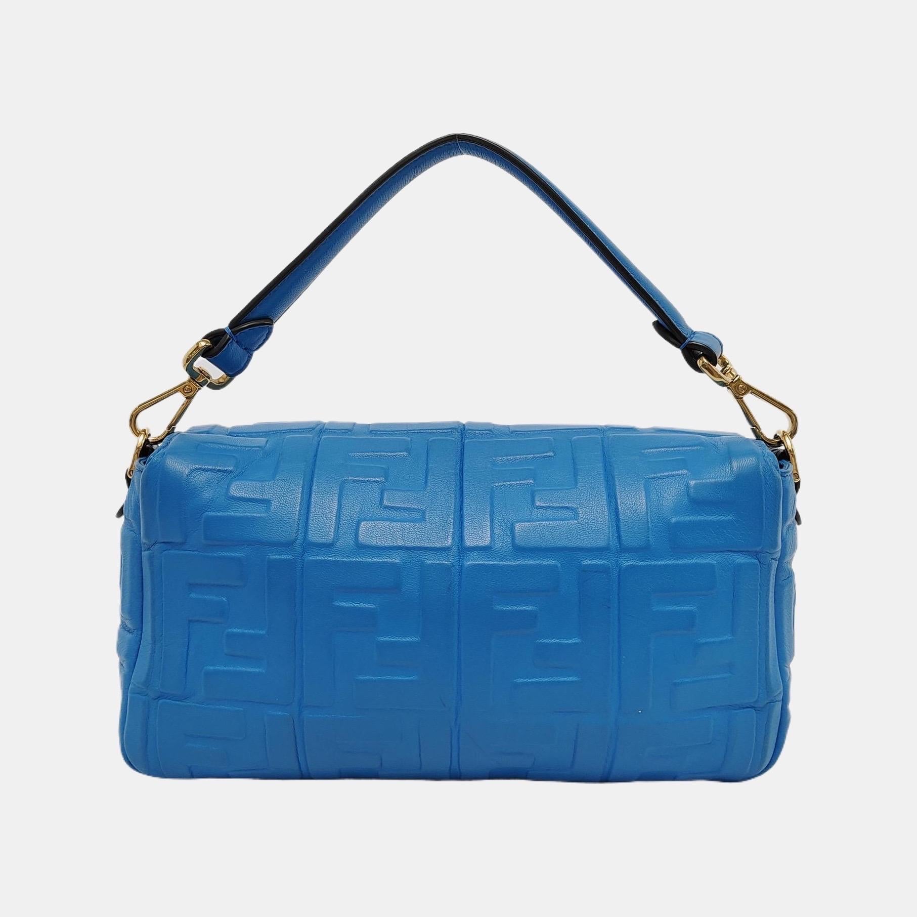 Fendi Baguette Blue Lambskin Leather Crossbody Bag Medium For Sale 1
