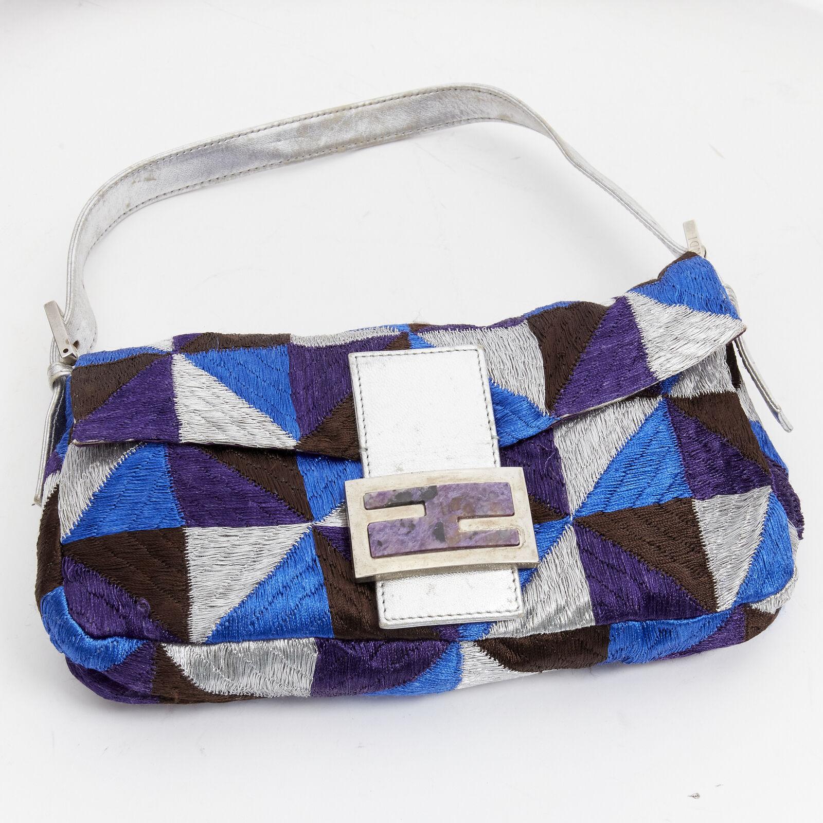 Women's FENDI Baguette blue silver embroidery patchwork FF purple stone buckle bag