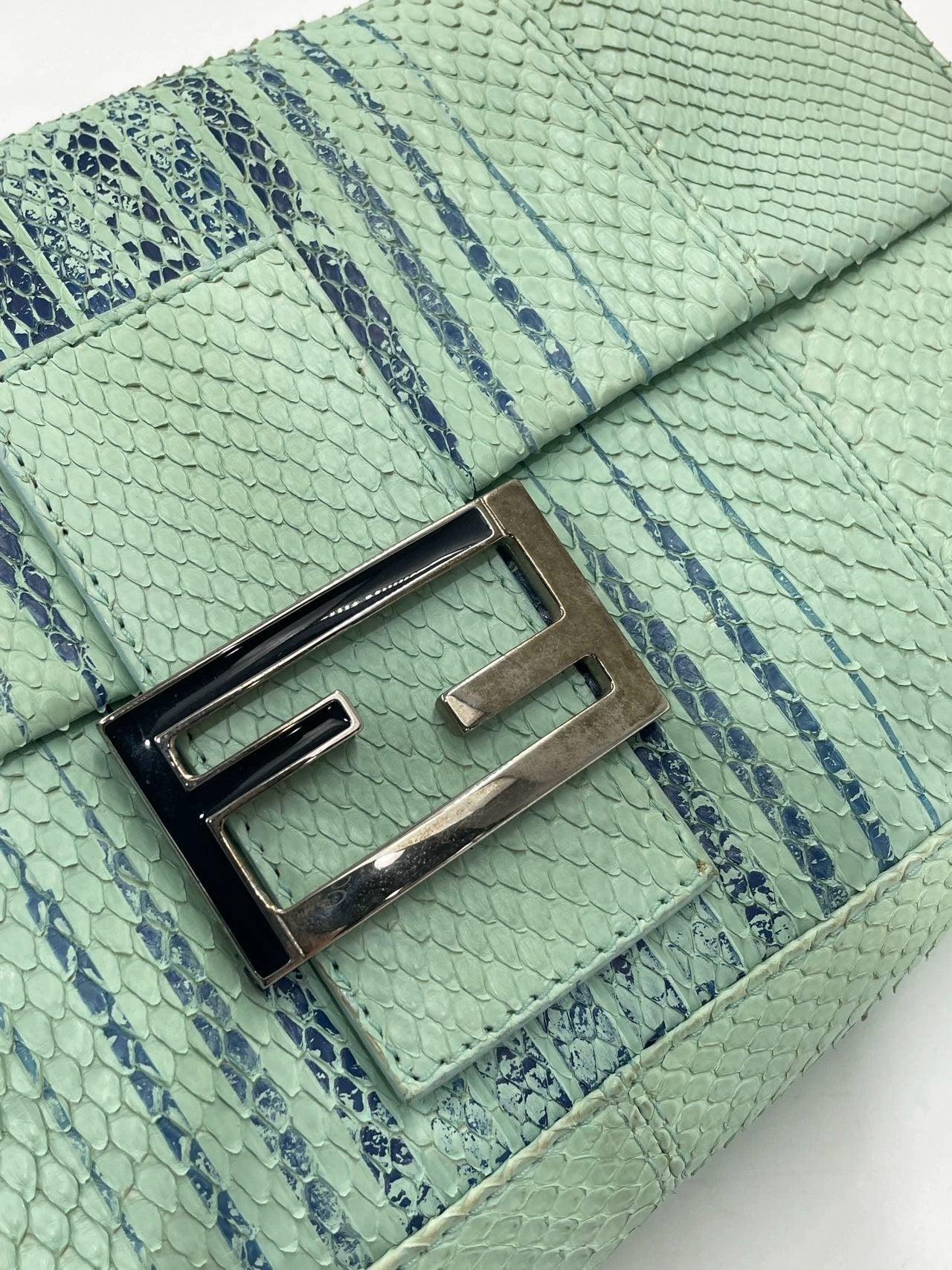 Fendi Baguette Blue Teal Python-skin Leather Shoulder Bag For Sale 9
