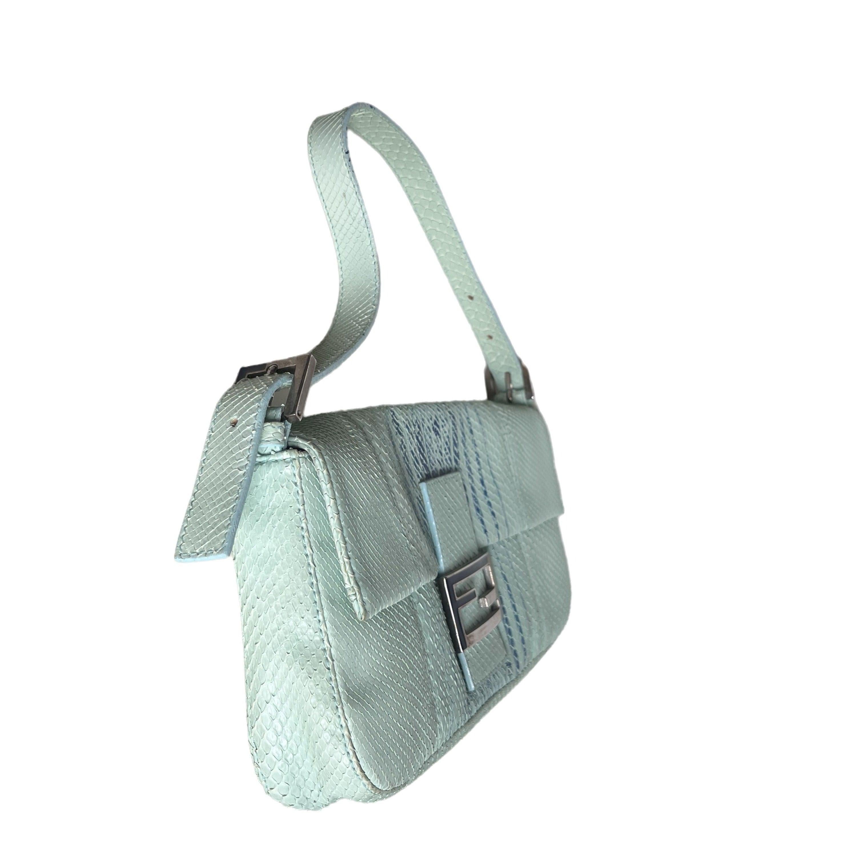 Fendi Baguette Blue Teal Python-skin Leather Shoulder Bag For Sale 1