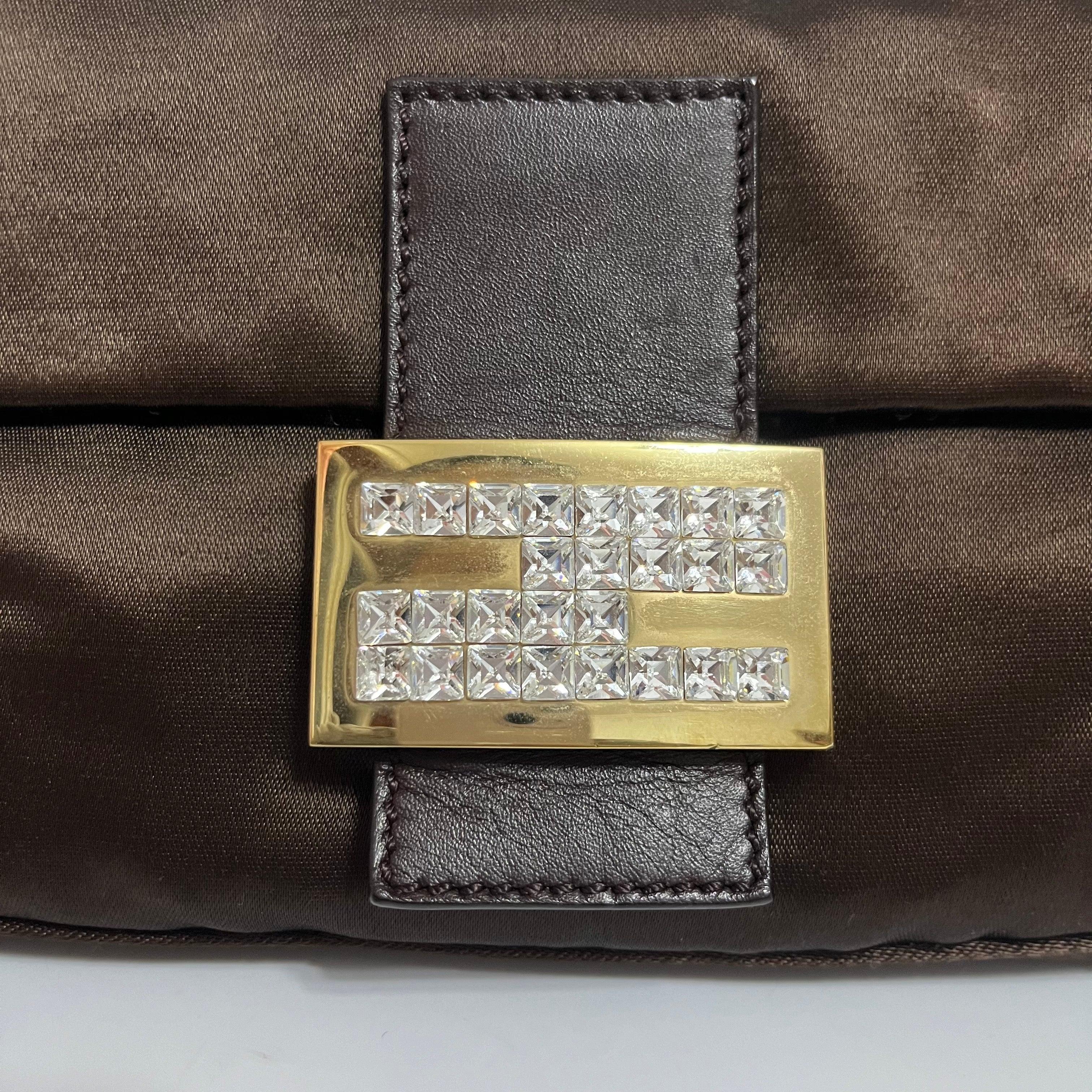 FENDI Baguette Brown Silk Satin with Crystal Buckle Shoulder Bag 5