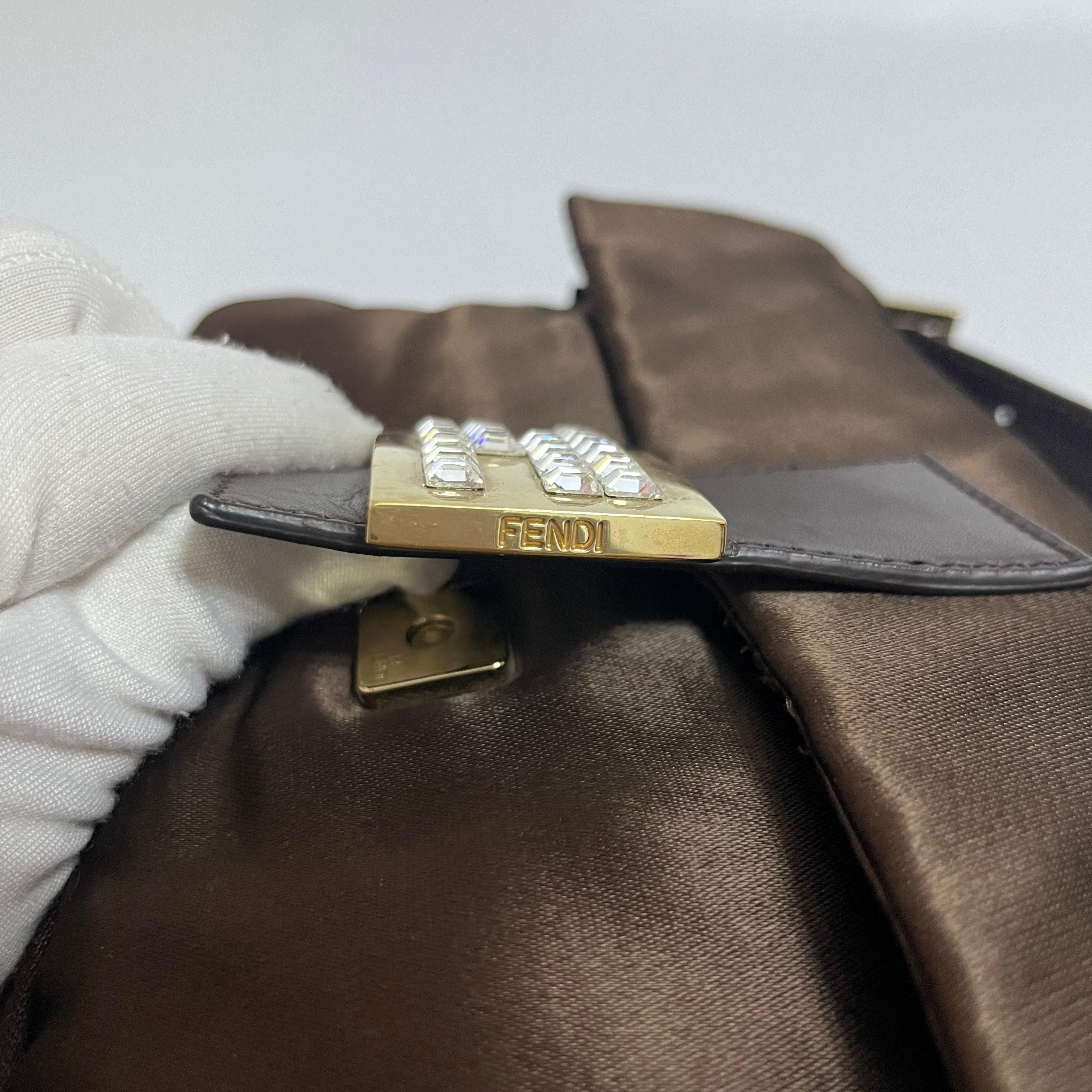 FENDI Baguette Brown Silk Satin with Crystal Buckle Shoulder Bag 9