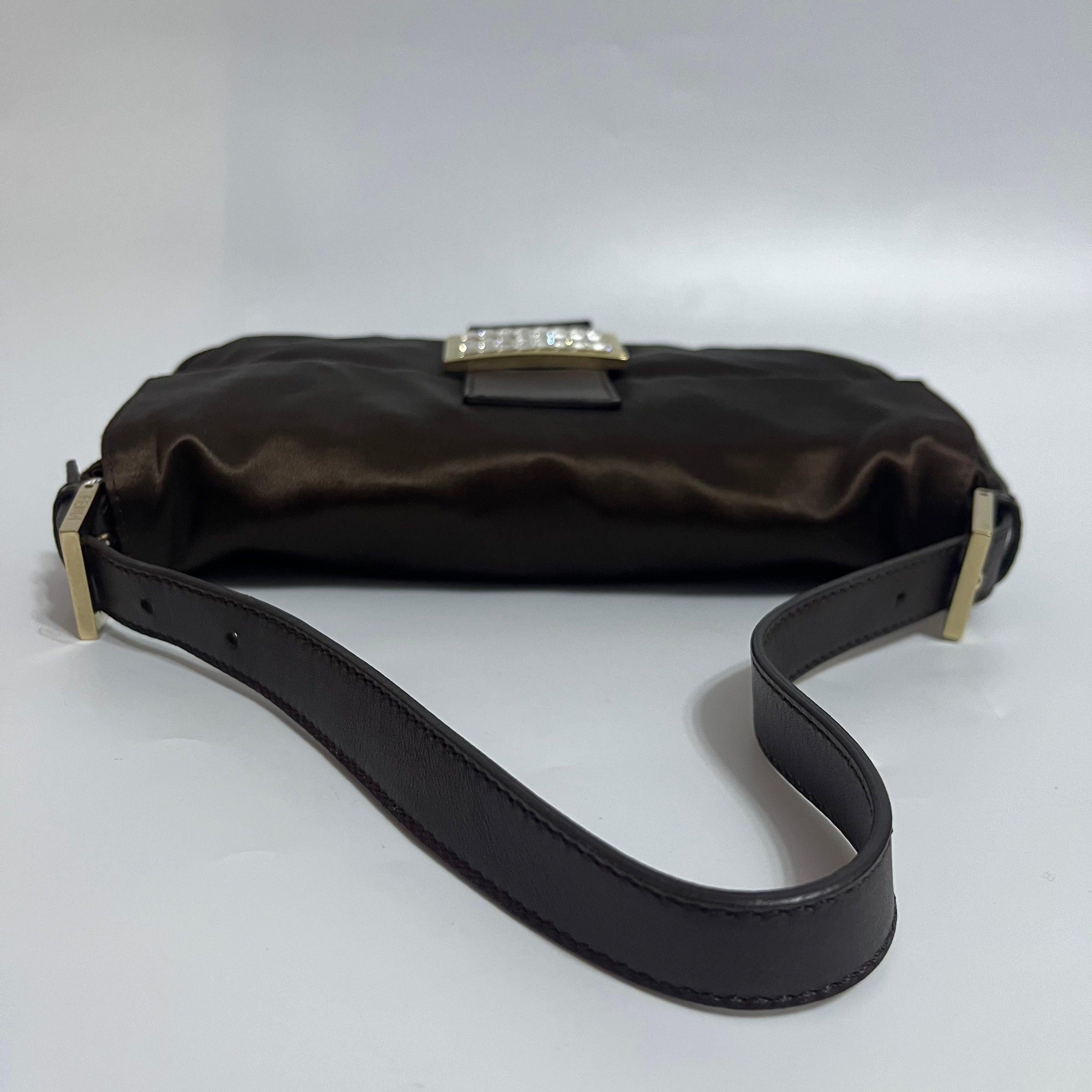 Black FENDI Baguette Brown Silk Satin with Crystal Buckle Shoulder Bag
