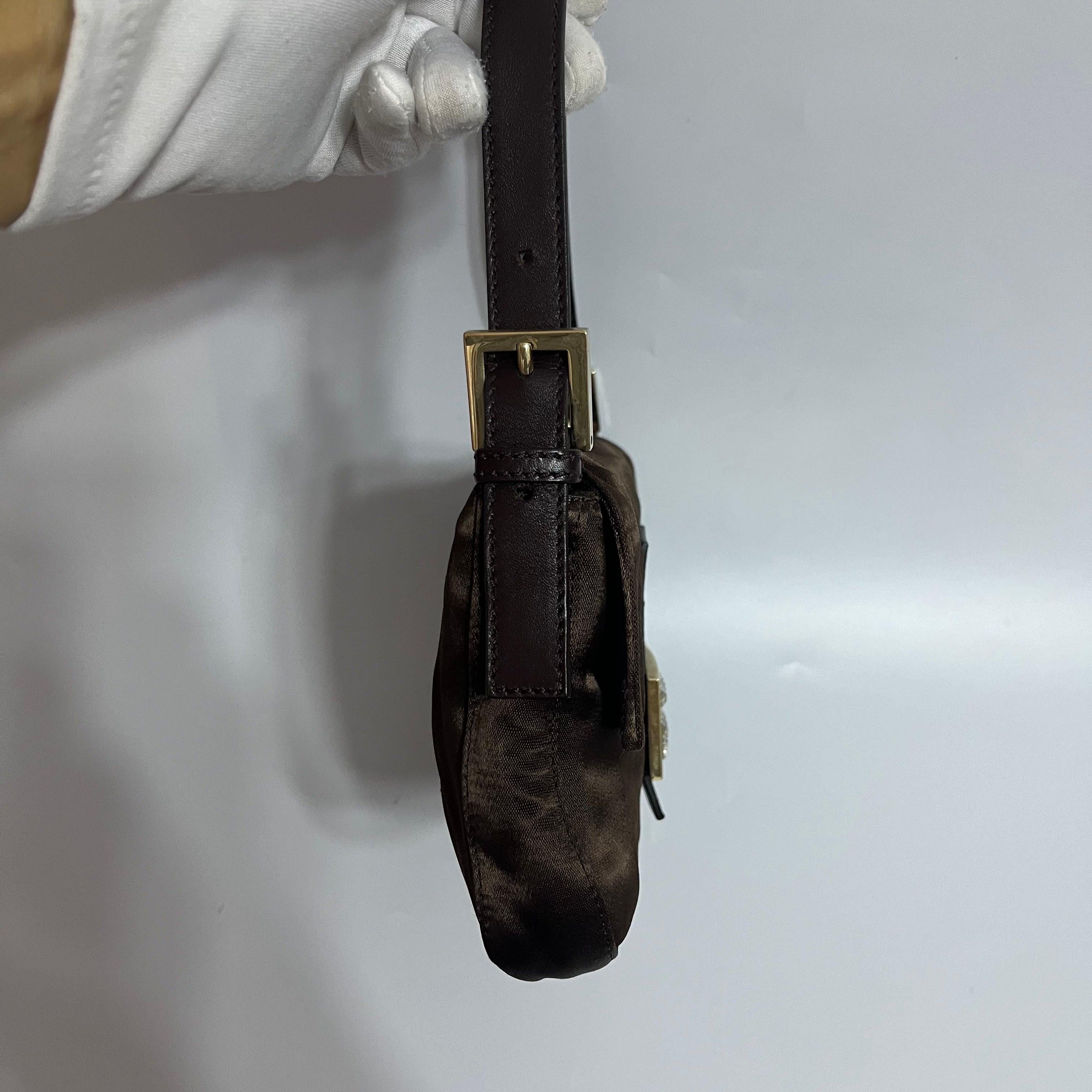 Women's FENDI Baguette Brown Silk Satin with Crystal Buckle Shoulder Bag