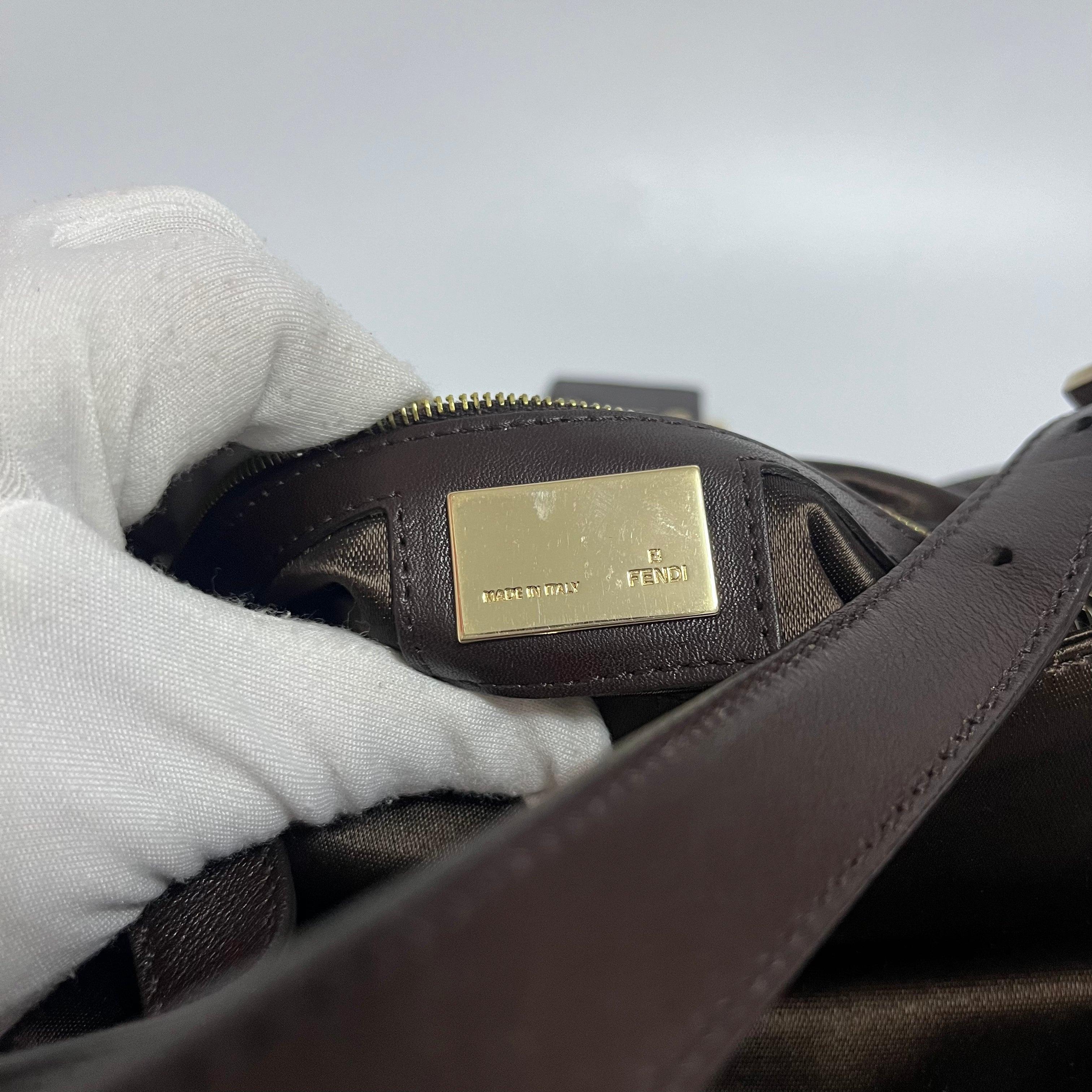 FENDI Baguette Brown Silk Satin with Crystal Buckle Shoulder Bag 1