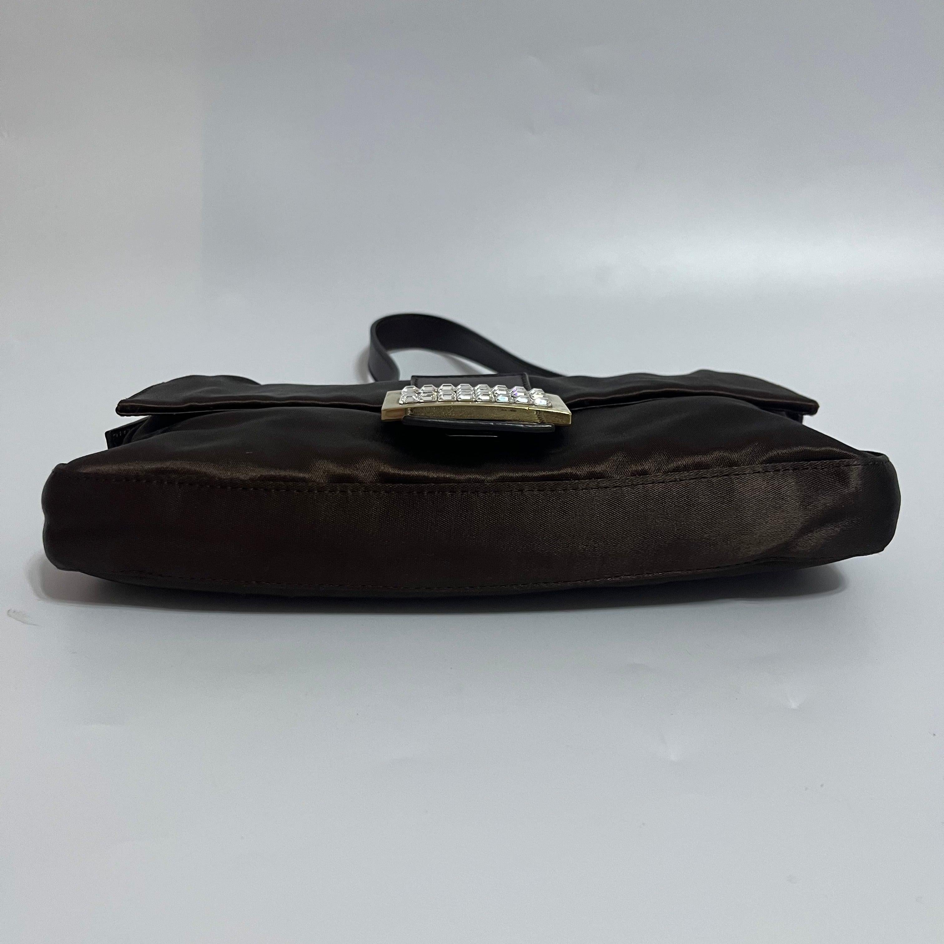 FENDI Baguette Brown Silk Satin with Crystal Buckle Shoulder Bag 3