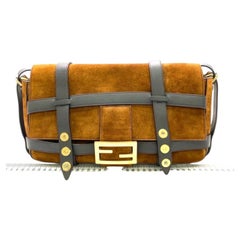 Fendi Baguette Brown Suede Leather Large Baguette Cage Removable Leather Belts