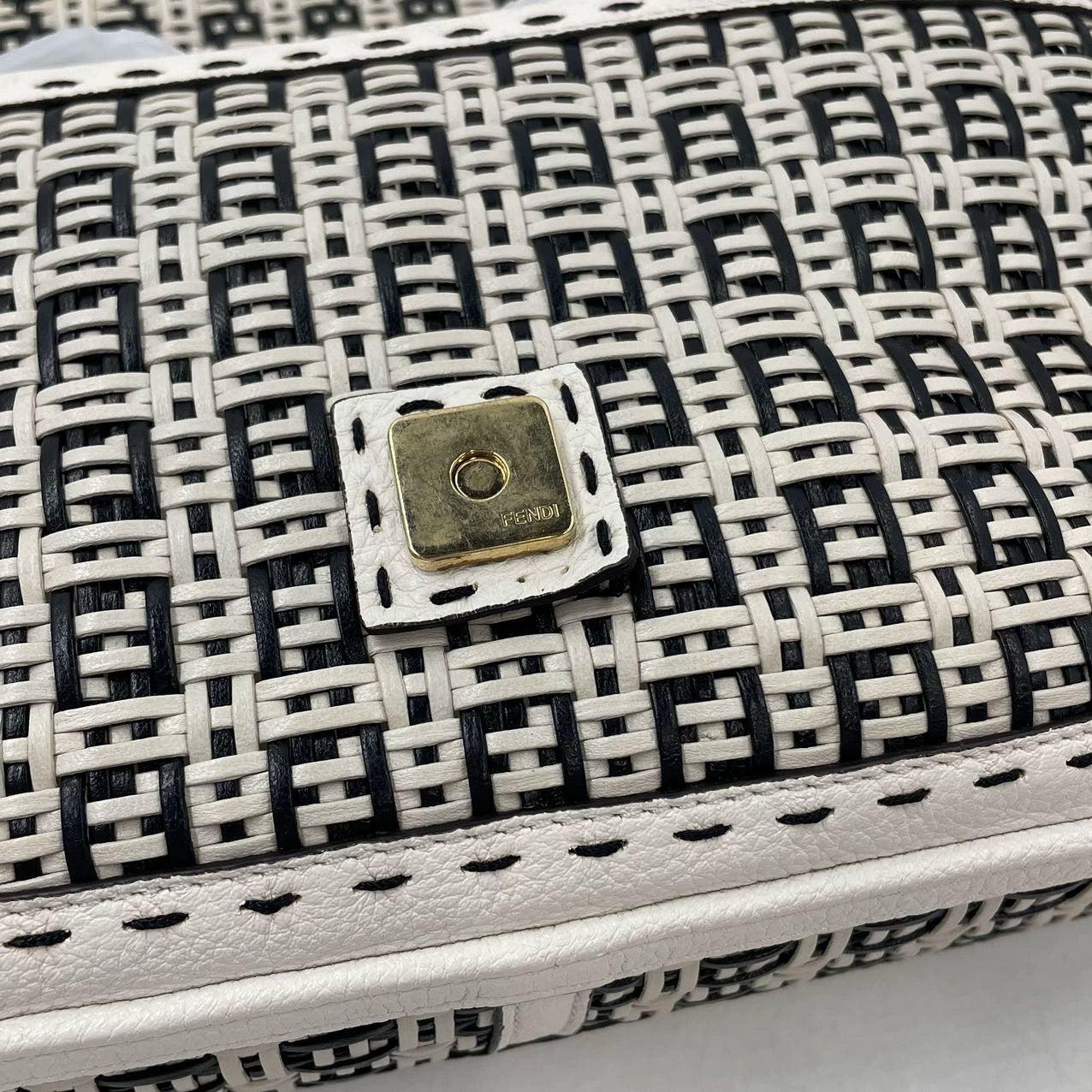 Fendi Baguette Calfskin Leather Weave Black and White Crossbody Bag 6